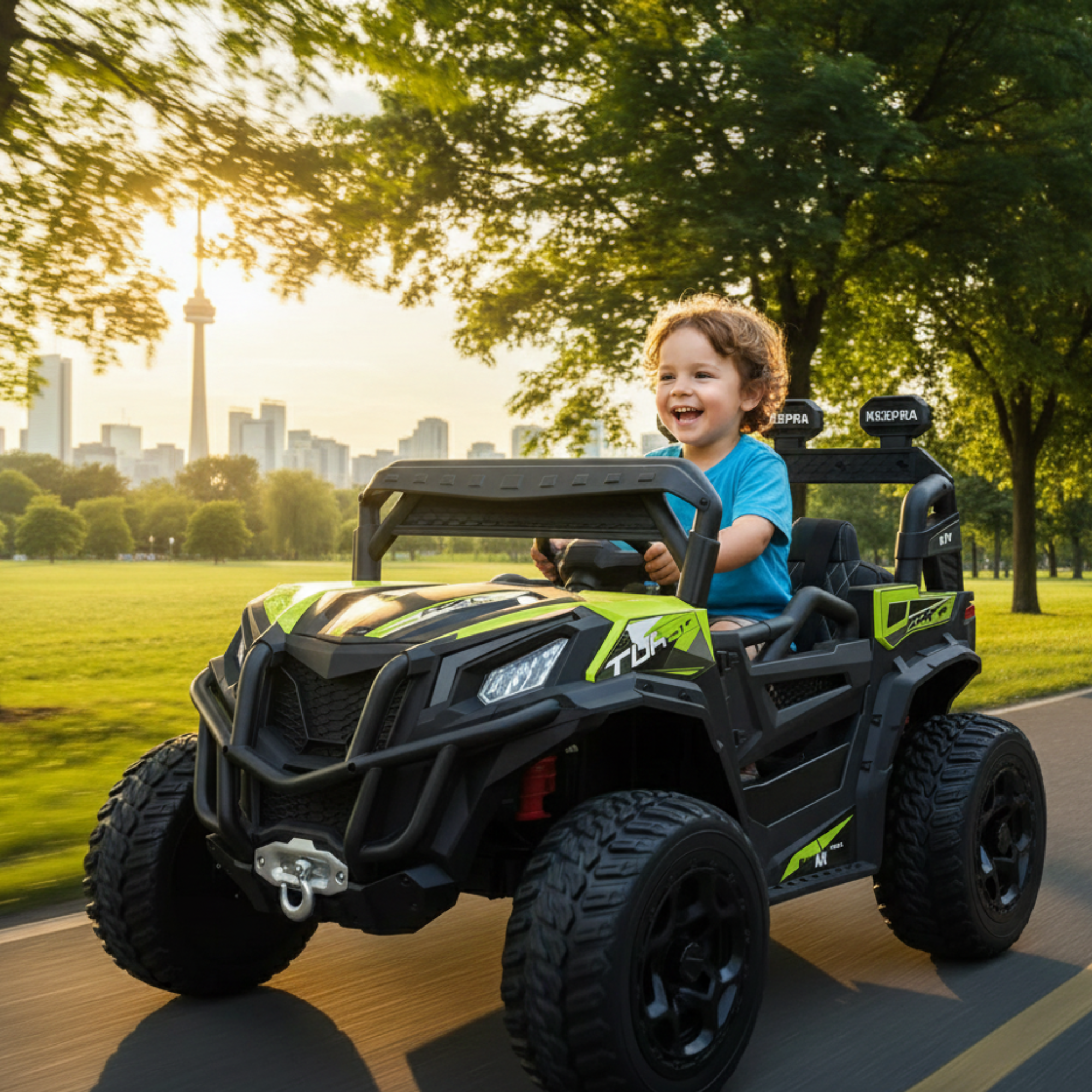 12V Green Junior Sport Utility Kids’ 4x4 Ride-On UTV Buggy W/ Rubber Wheels, Music & RC