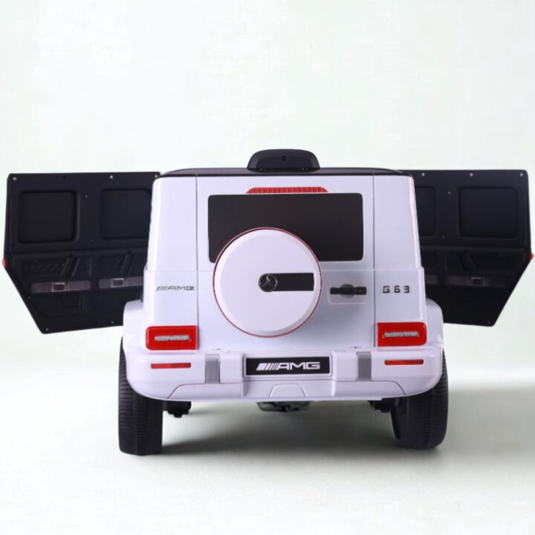12V Luxury White Mercedes Benz AMG G63 Ride-On SUV W/ Rubber Wheels, Leather Seat, Bluetooth & RC