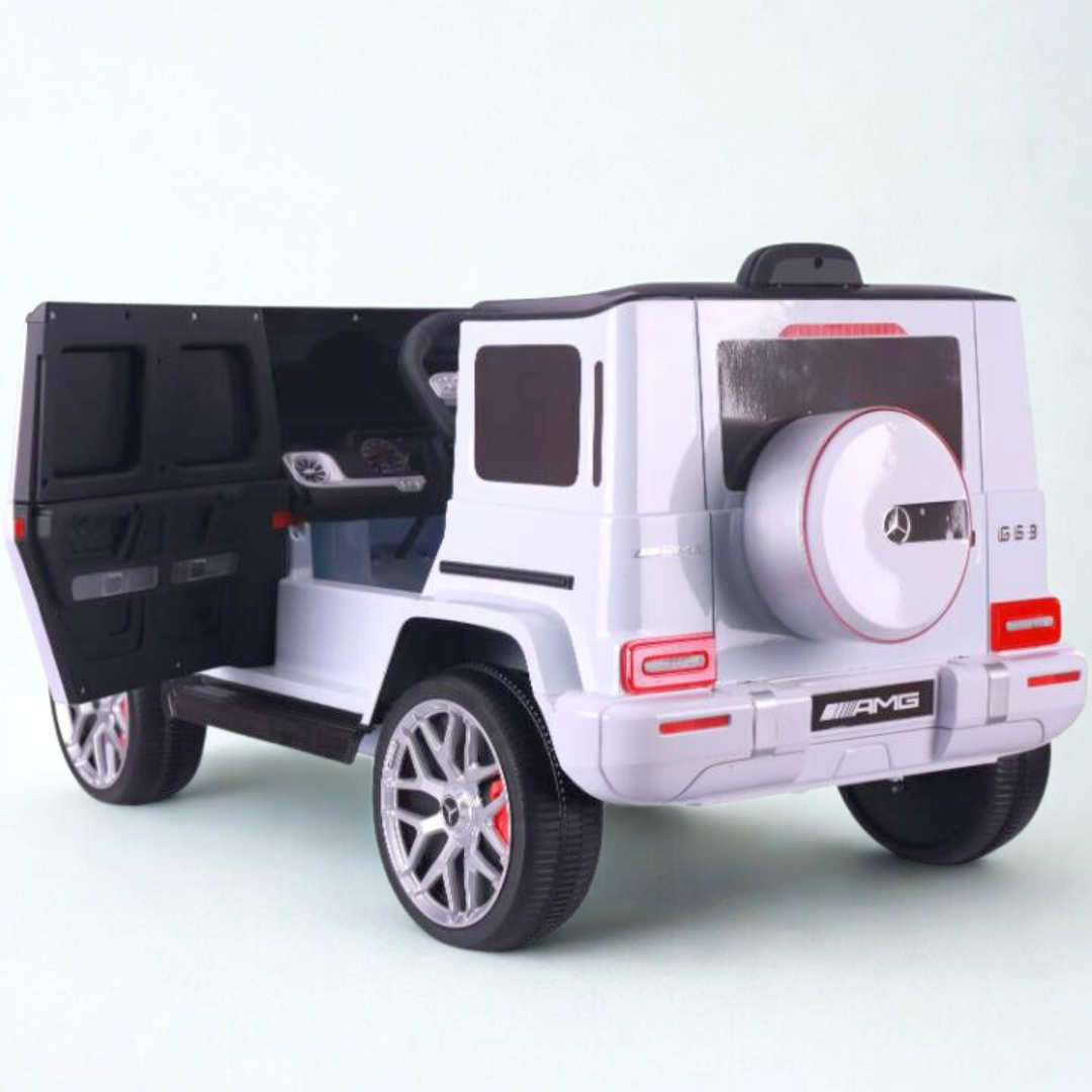 12V Luxury White Mercedes Benz AMG G63 Ride-On SUV W/ Rubber Wheels, Leather Seat, Bluetooth & RC