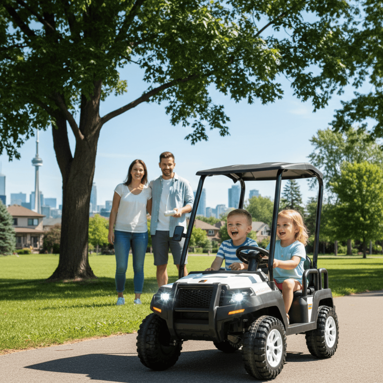 24V White Golf Buggy Edition 4-Seater 4x4 Kids' Ride-On UTV W/ Canopy, EVA Rubber Wheels, Music & RC.