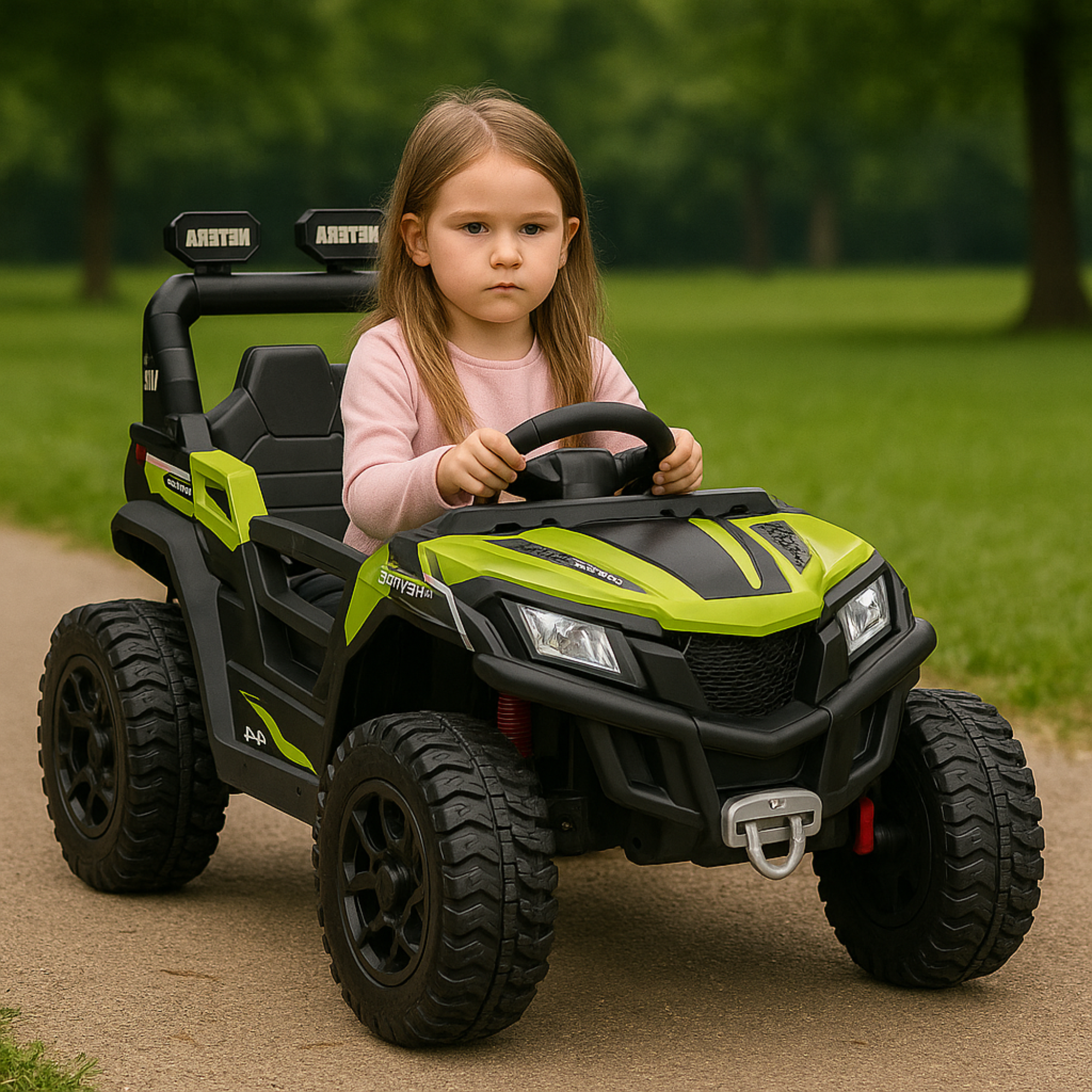 12V Green Junior Sport Utility Kids’ 4x4 Ride-On UTV Buggy W/ Rubber Wheels, Music & RC