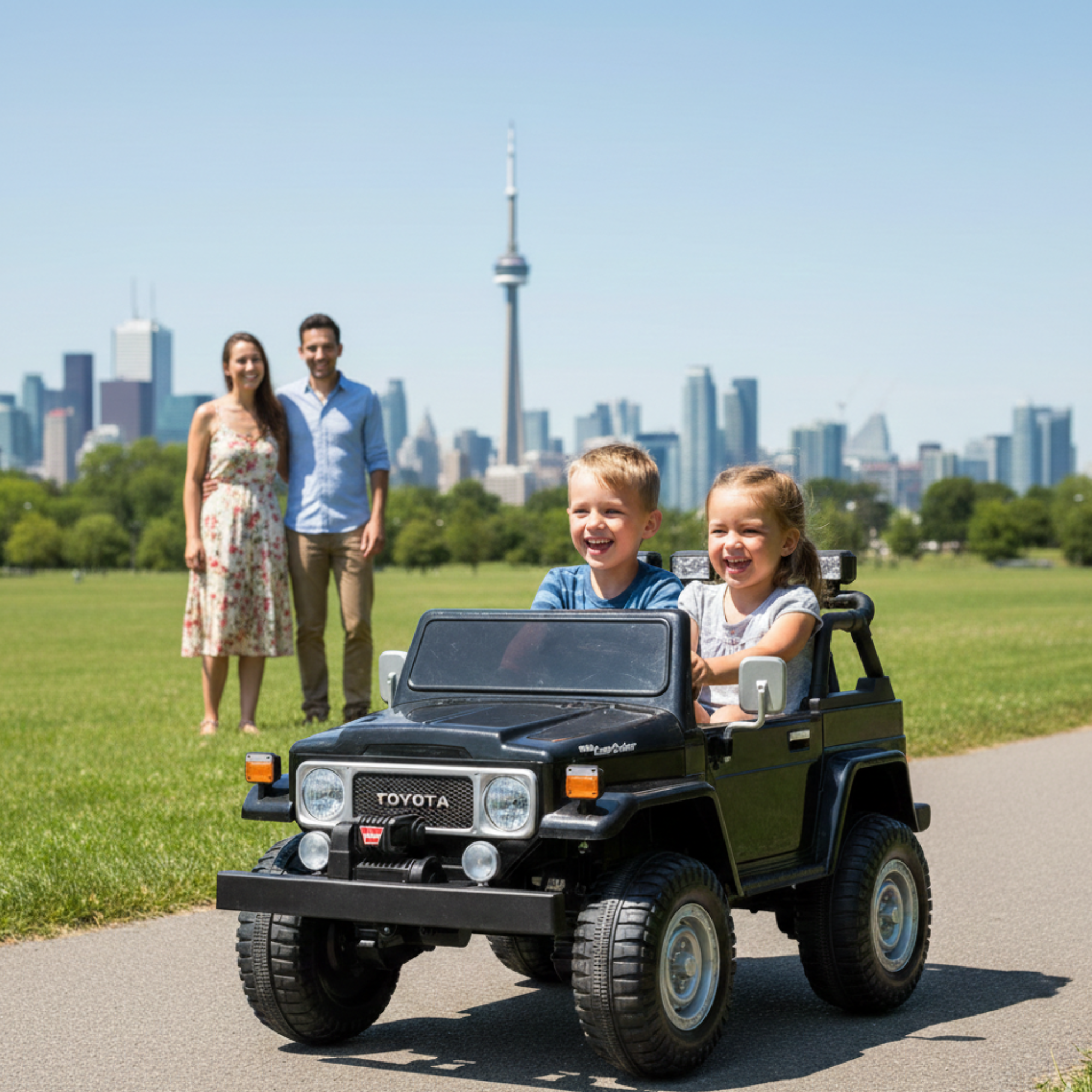 24V Black 2-Seater Premium Edition Toyota 4x4 Truck for Kids W/ EVA Rubber Wheels, Music & RC