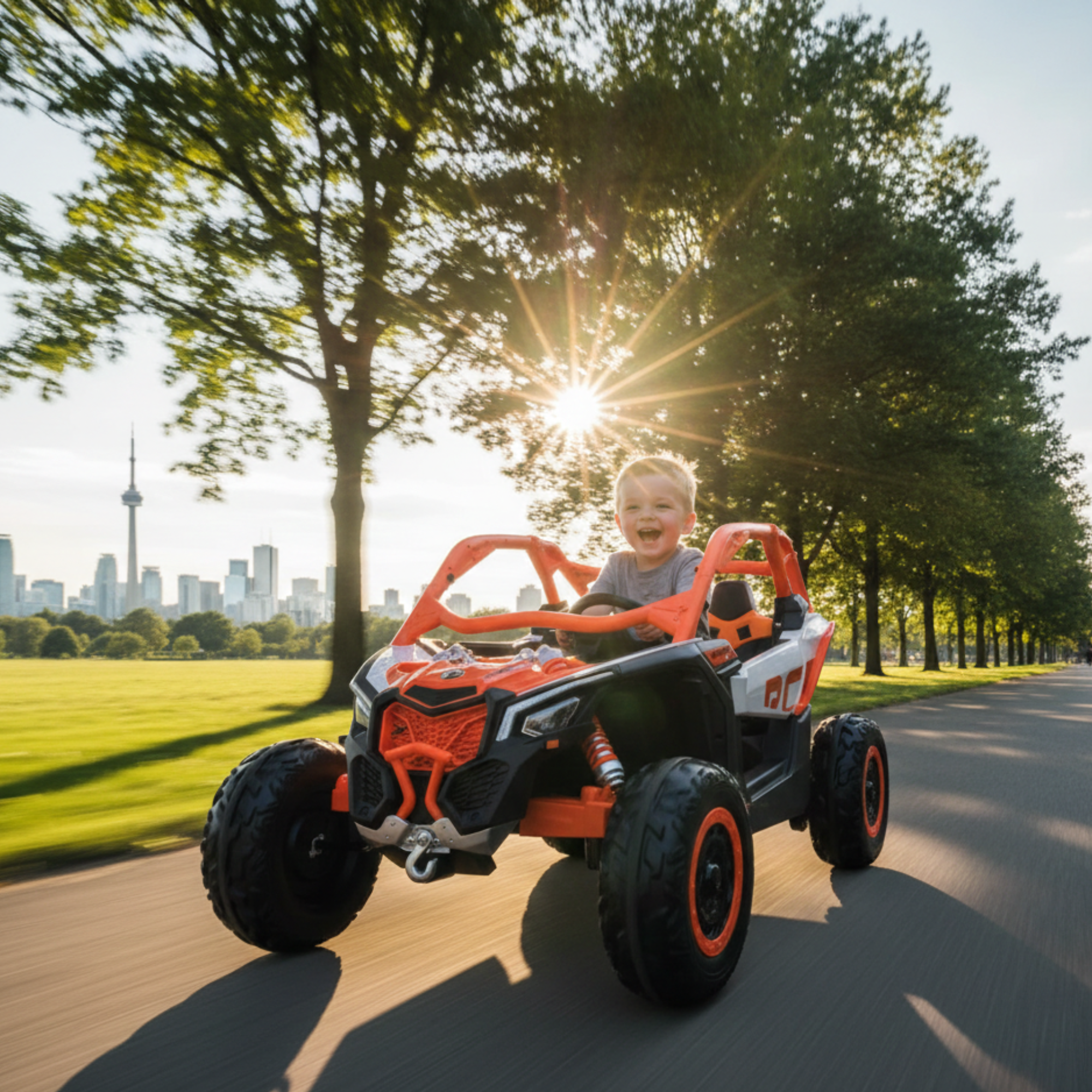 Orange Licensed LX Performance Edition 2x24V Can-Am Maverick 4WD Double 24V Battery Pack, 2-Seater Kids' Buggy W/ Music, EVA Rubber Wheels, Leather Seats & RC