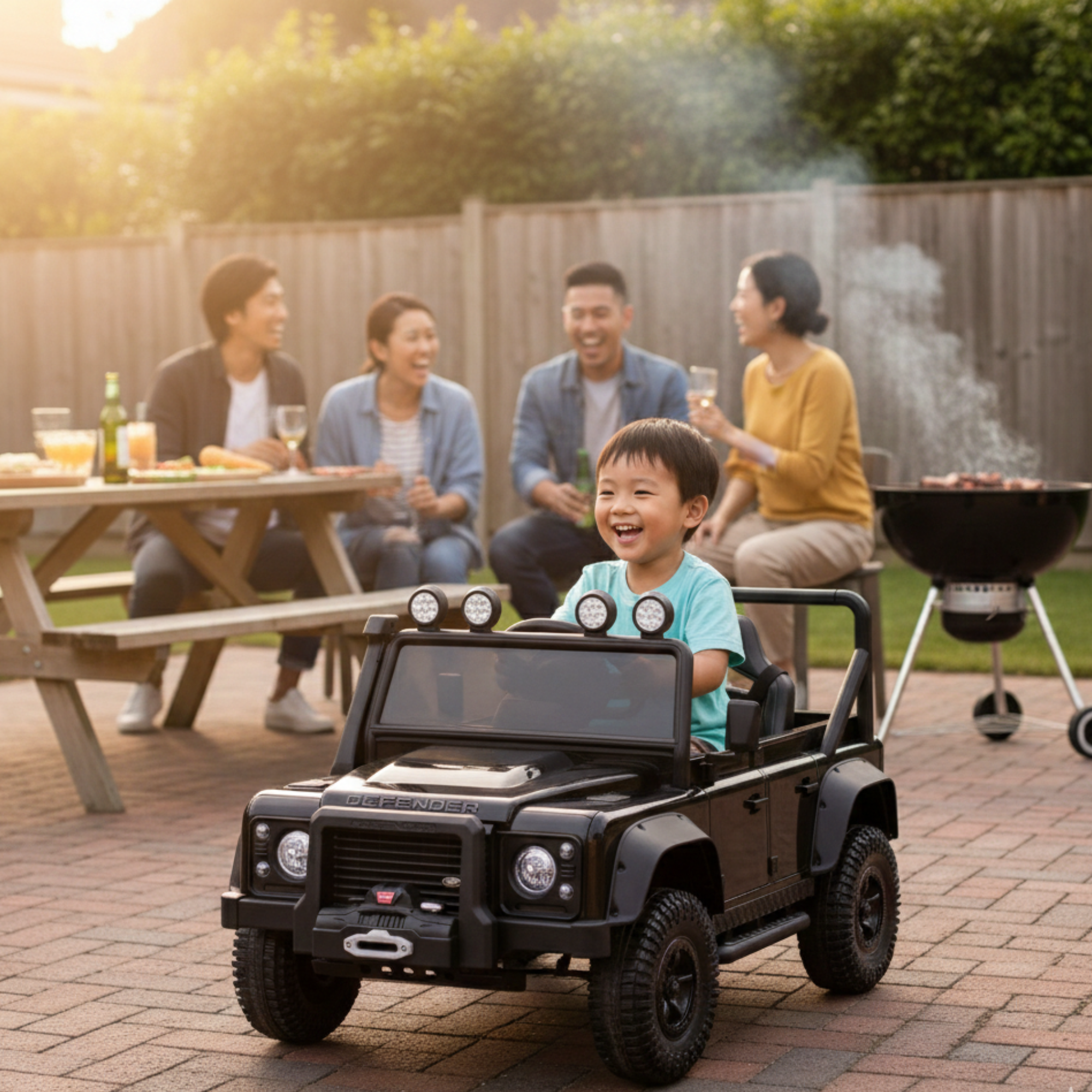 12V Black Land Rover Defender 1-Seater AWD Ride-on Truck W/ Rubber Wheels, Music Player & RC