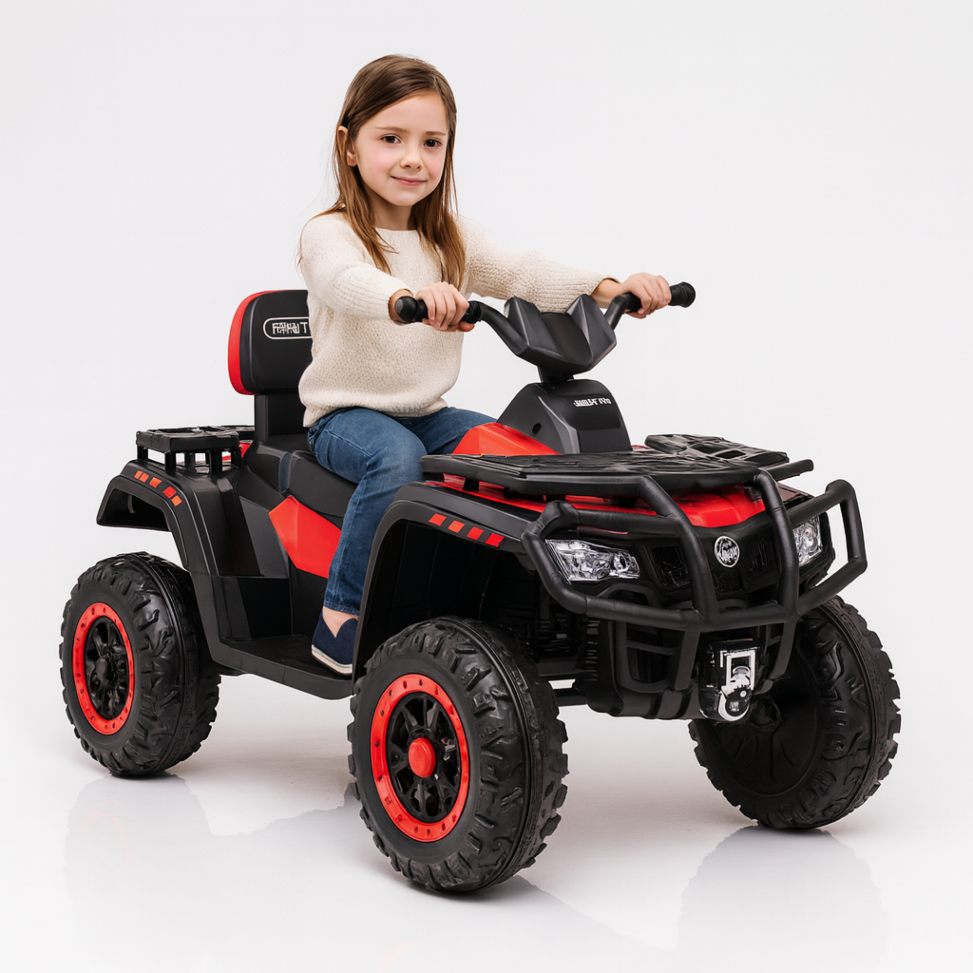 24V Red Upgraded Titan Edition 4x4 Ride-On Quad ATV W/ EVA Rubber Wheels, Bluetooth Music & Lights