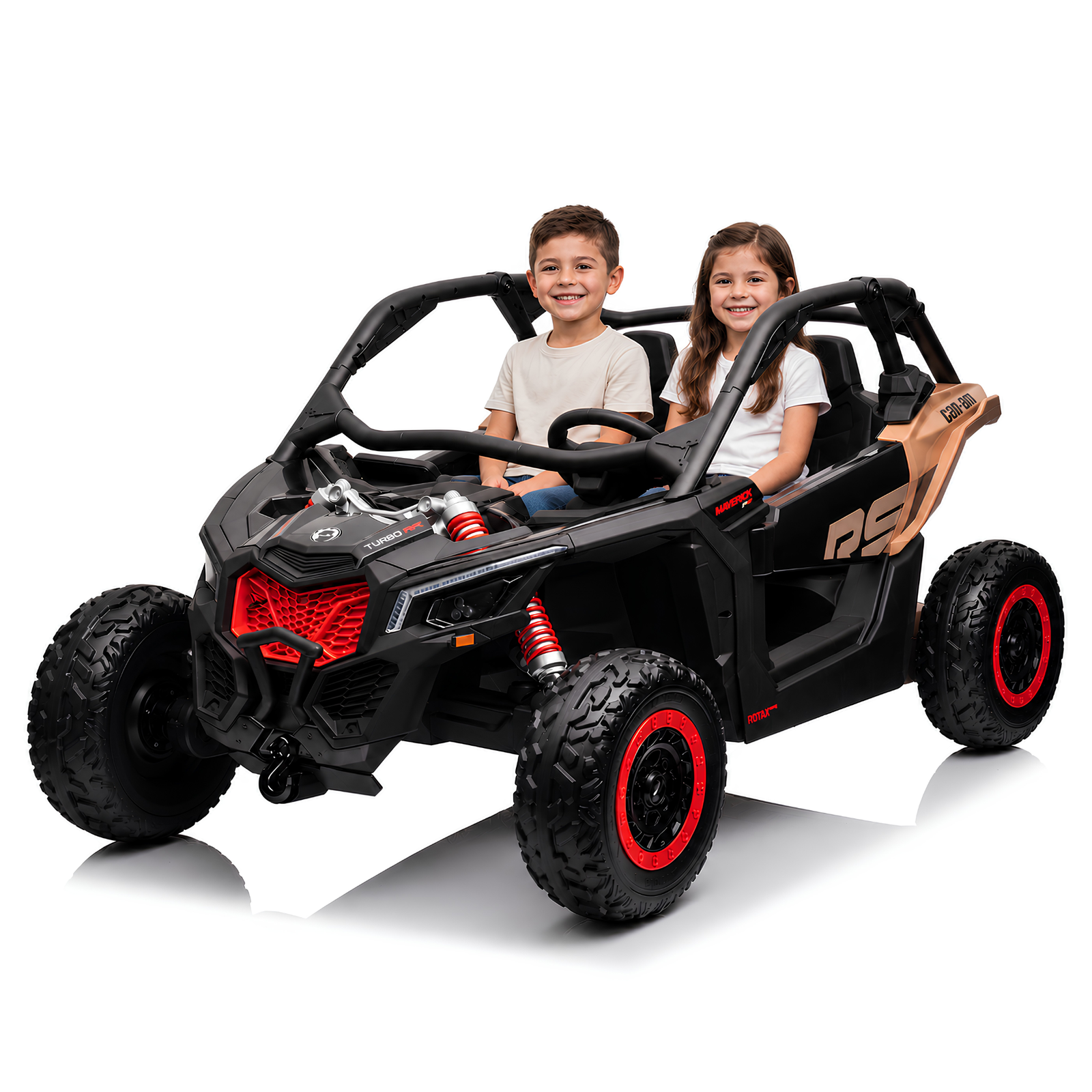 Black Licensed LX Performance Edition 2X24V Can-Am Maverick 2-Seater 4WD UTV W/ EVA Wheels, Dual Battery Pack, Music, Leather Seats & RC