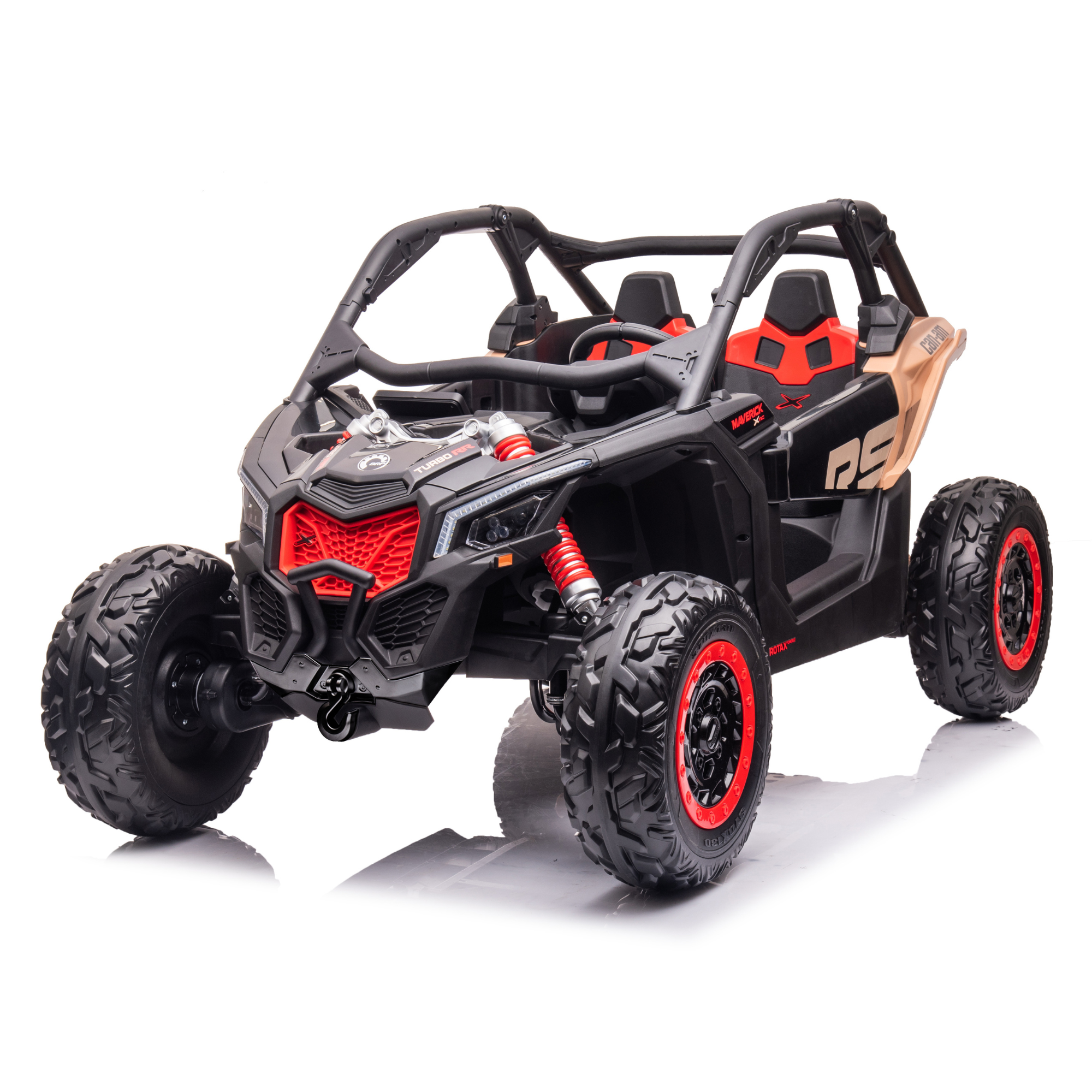 Black Licensed LX Performance Edition 2X24V Can-Am Maverick 2-Seater 4WD UTV W/ EVA Wheels, Dual Battery Pack, Music, Leather Seats & RC