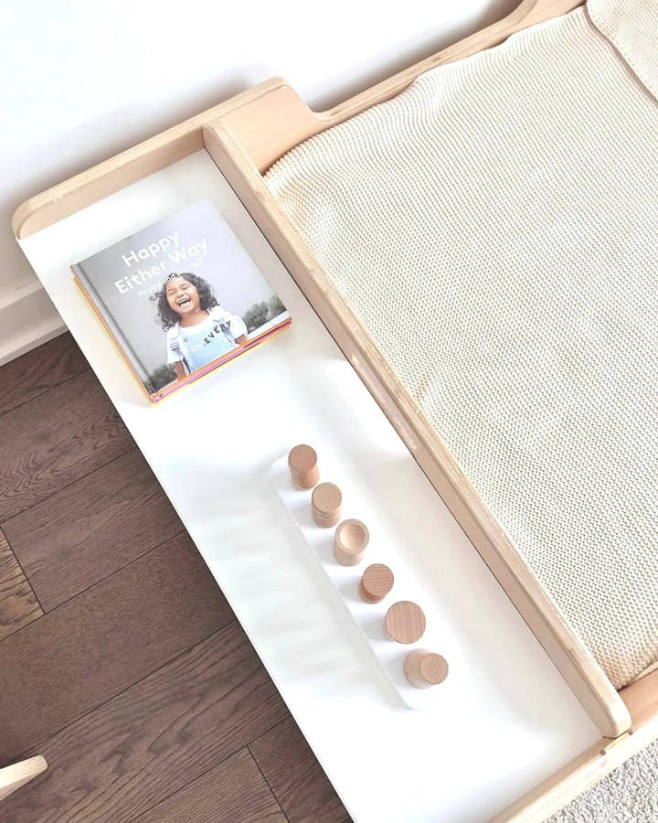 APPLE TWIN - Montessori Floor Bed with Rails & Shelves.