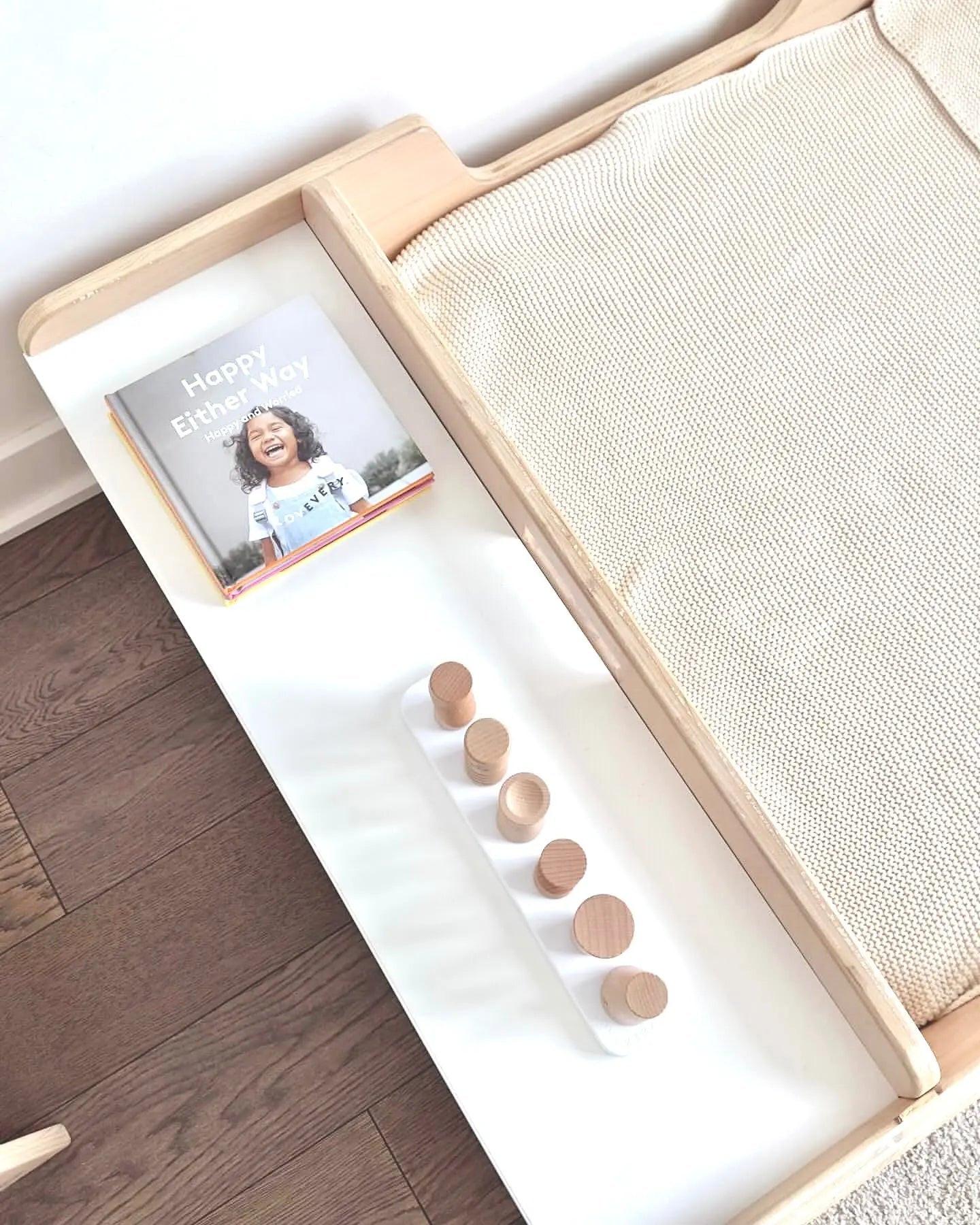 APPLE JUNIOR - Montessori Floor Bed with Rails & Shelves.
