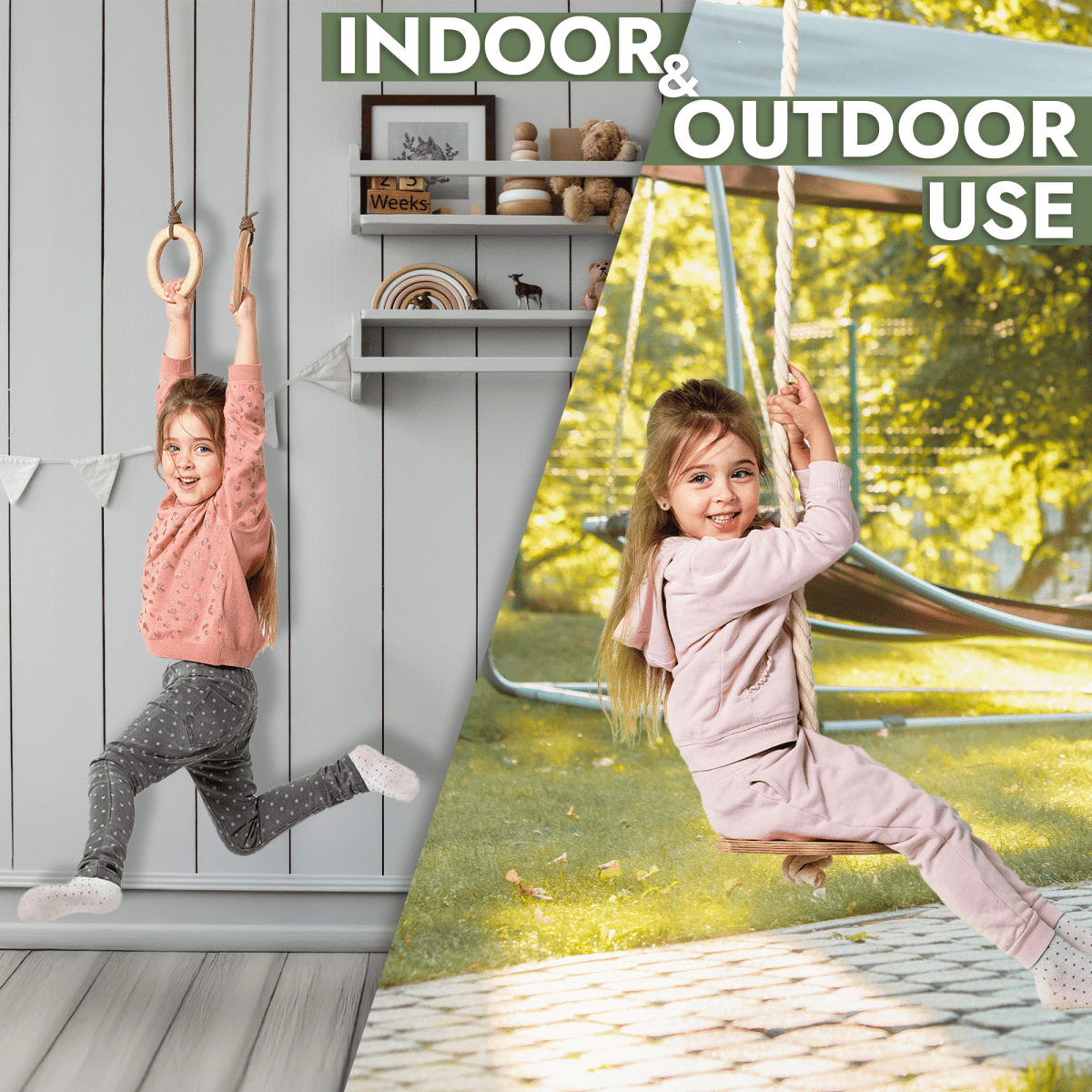 3in1 Swings Set: Rope Ladder + Gymnastic Rings + Disc Rope Swing.