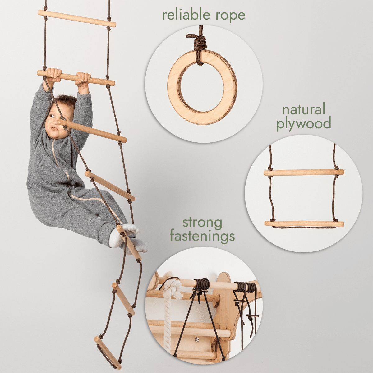 3in1 Swings Set: Rope Ladder + Gymnastic Rings + Disc Rope Swing.