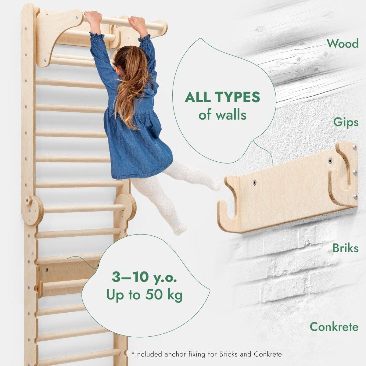 3in1: Wooden Swedish Wall / Climbing ladder for Children + Swing Set + Slide Board.