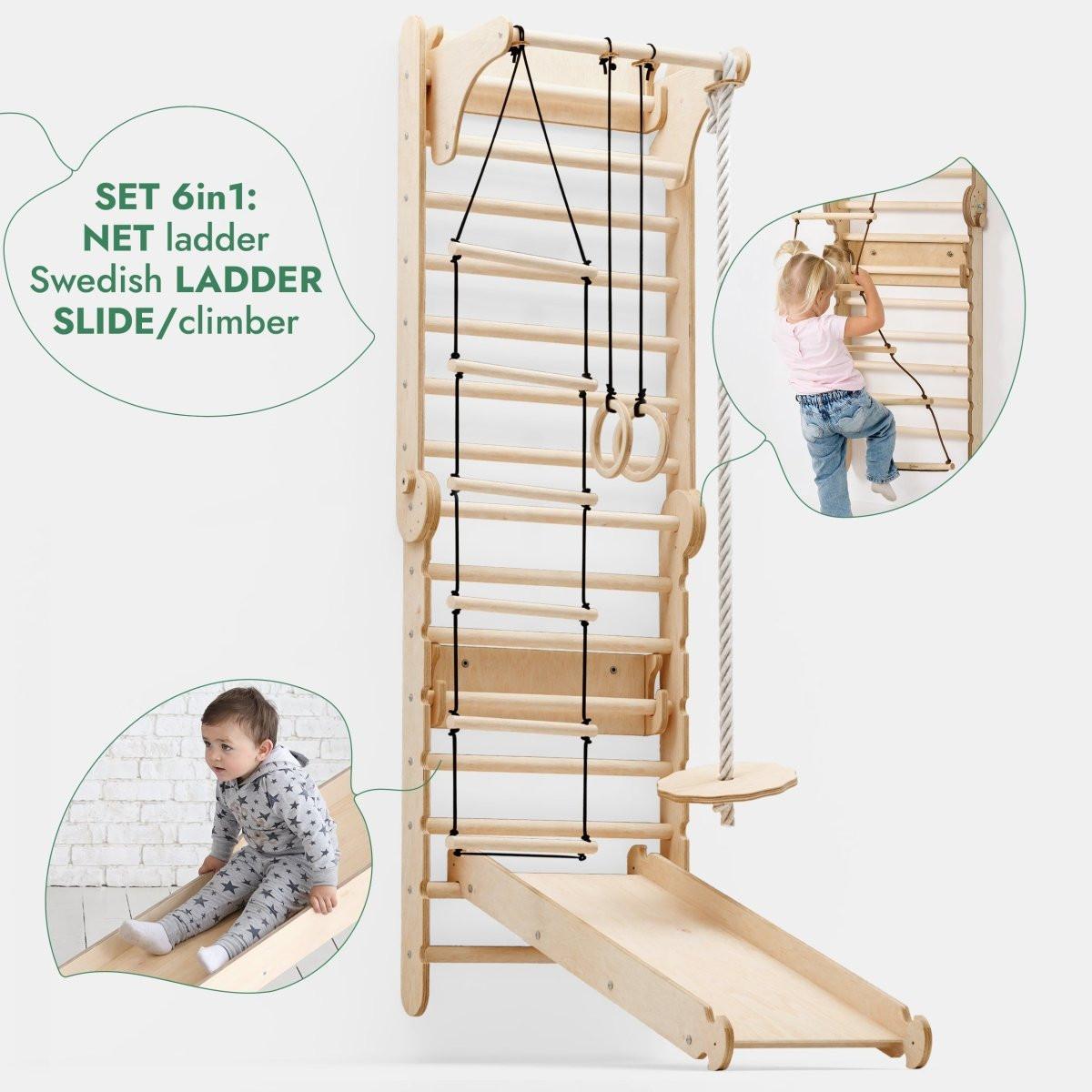 3in1: Wooden Swedish Wall / Climbing ladder for Children + Swing Set + Slide Board.