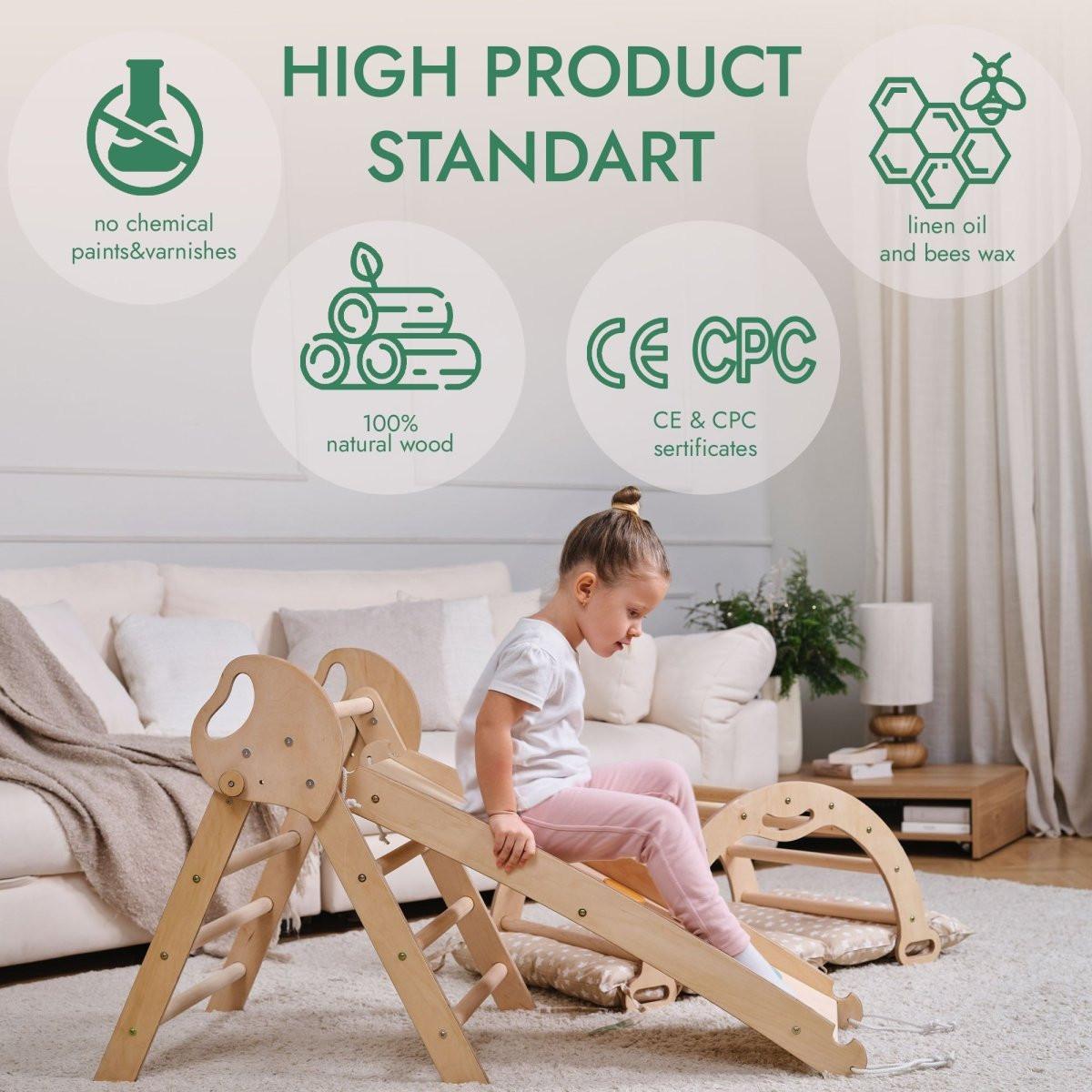 4in1 Montessori Climbing Set: Pikler Triangle, Arch, Slide Board, and Cushion for Toddlers (1–3 Years).
