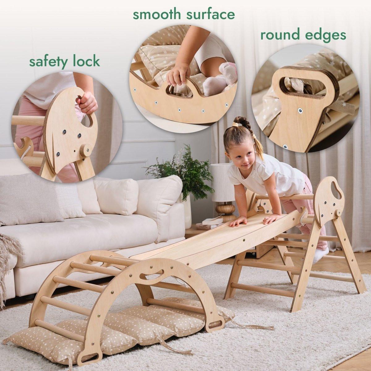 4in1 Montessori Climbing Set: Pikler Triangle, Arch, Slide Board, and Cushion for Toddlers (1–3 Years).