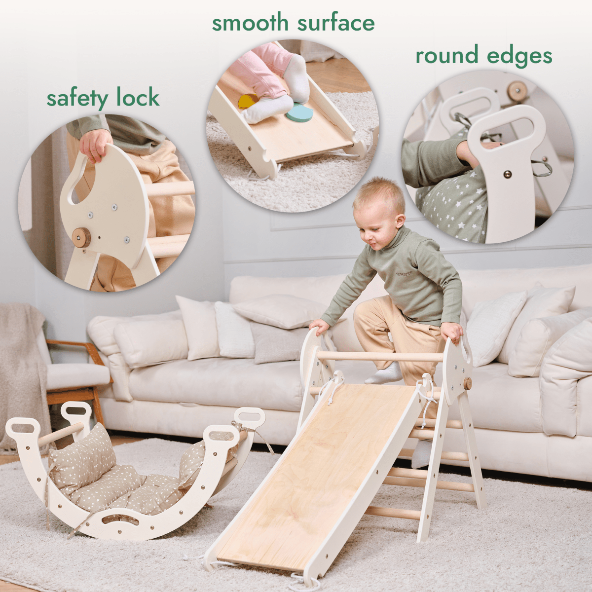 4in1 Montessori Climbing Set: Pikler Triangle, Arch, Slide Board, and Cushion for Toddlers (1–3 Years).