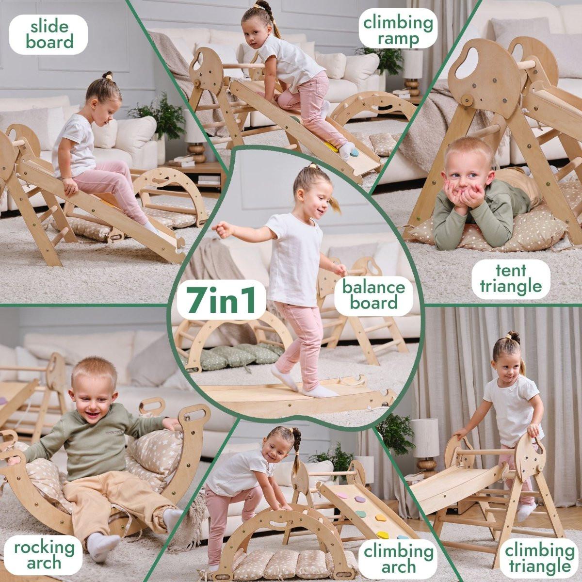 4in1 Montessori Climbing Set: Pikler Triangle, Arch, Slide Board, and Cushion for Toddlers (1–3 Years).