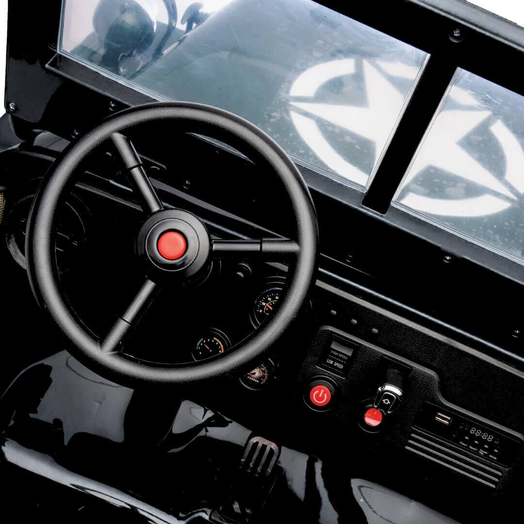 Black 12V Limited Edition Kids 1-Seater Military Ride-on Truck with Rubber Wheels, Music, RC image 2