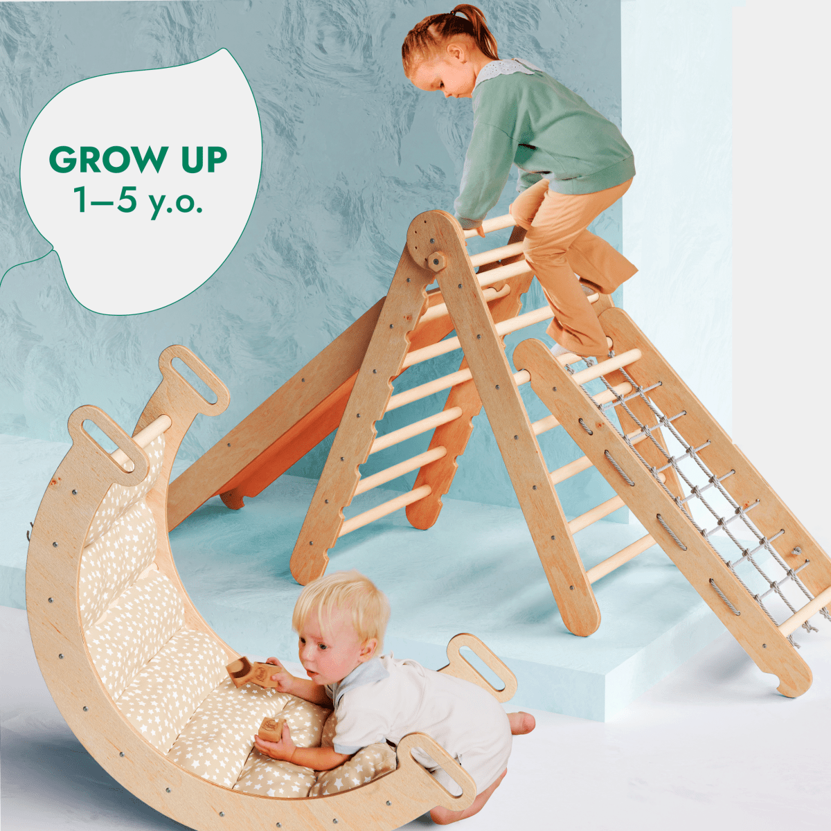 5in1 Montessori Climbing Frame Set: Triangle Ladder + Arch/Rocker + Slide Board/Ramp + Netting rope + Cushion.
