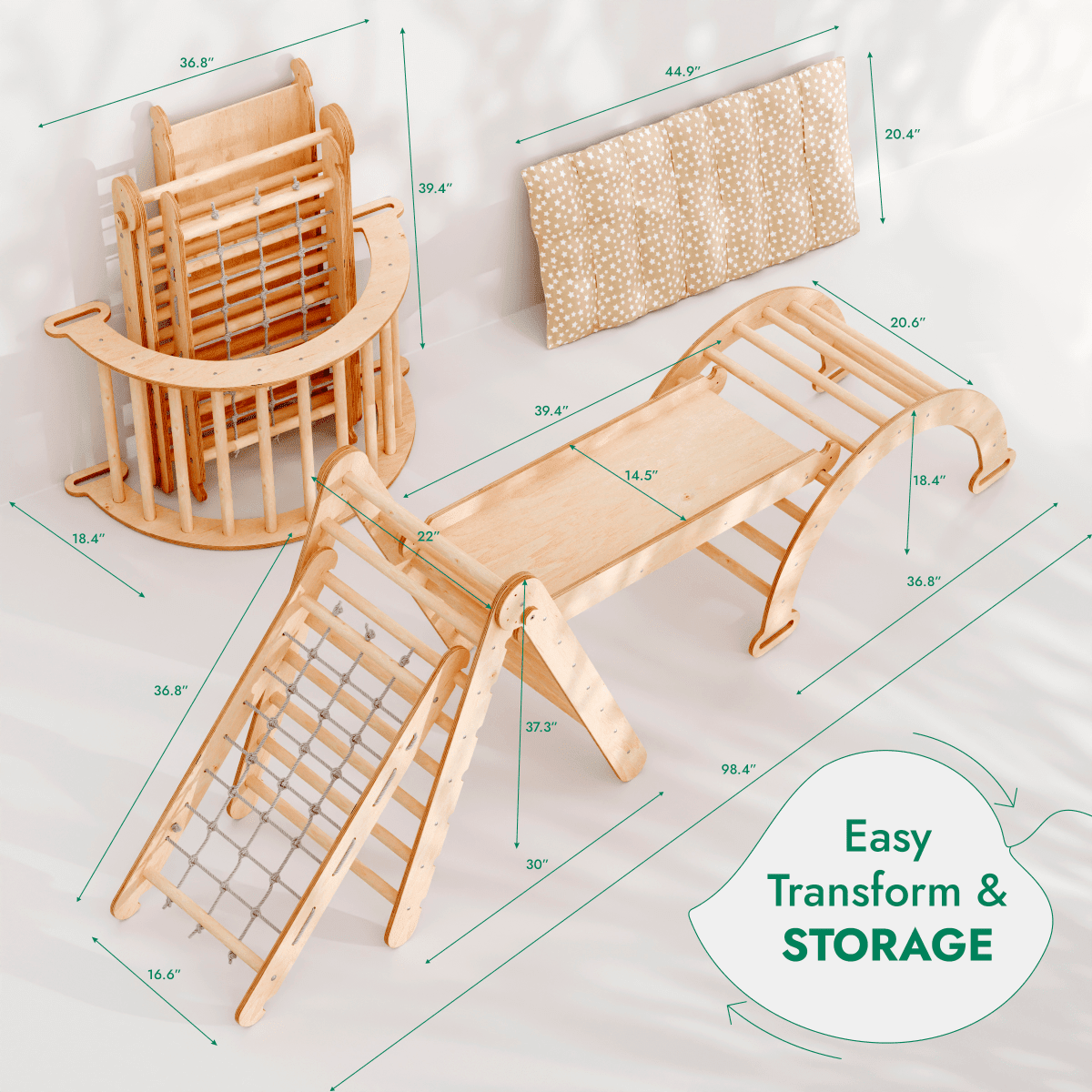 5in1 Montessori Climbing Frame Set: Triangle Ladder + Arch/Rocker + Slide Board/Ramp + Netting rope + Cushion.