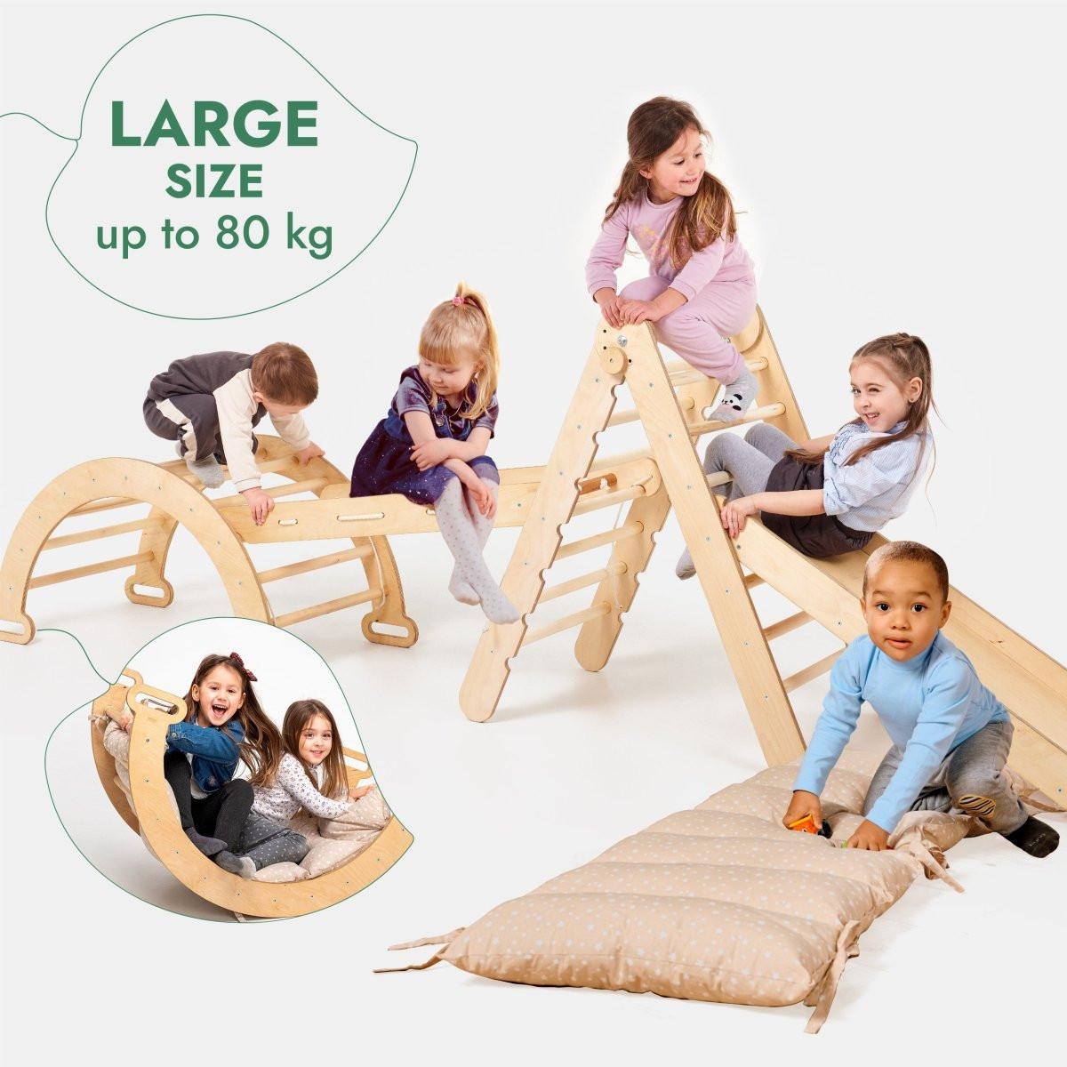 5in1 Montessori Climbing Frame Set: Triangle Ladder + Arch/Rocker + Slide Board/Ramp + Netting rope + Cushion.