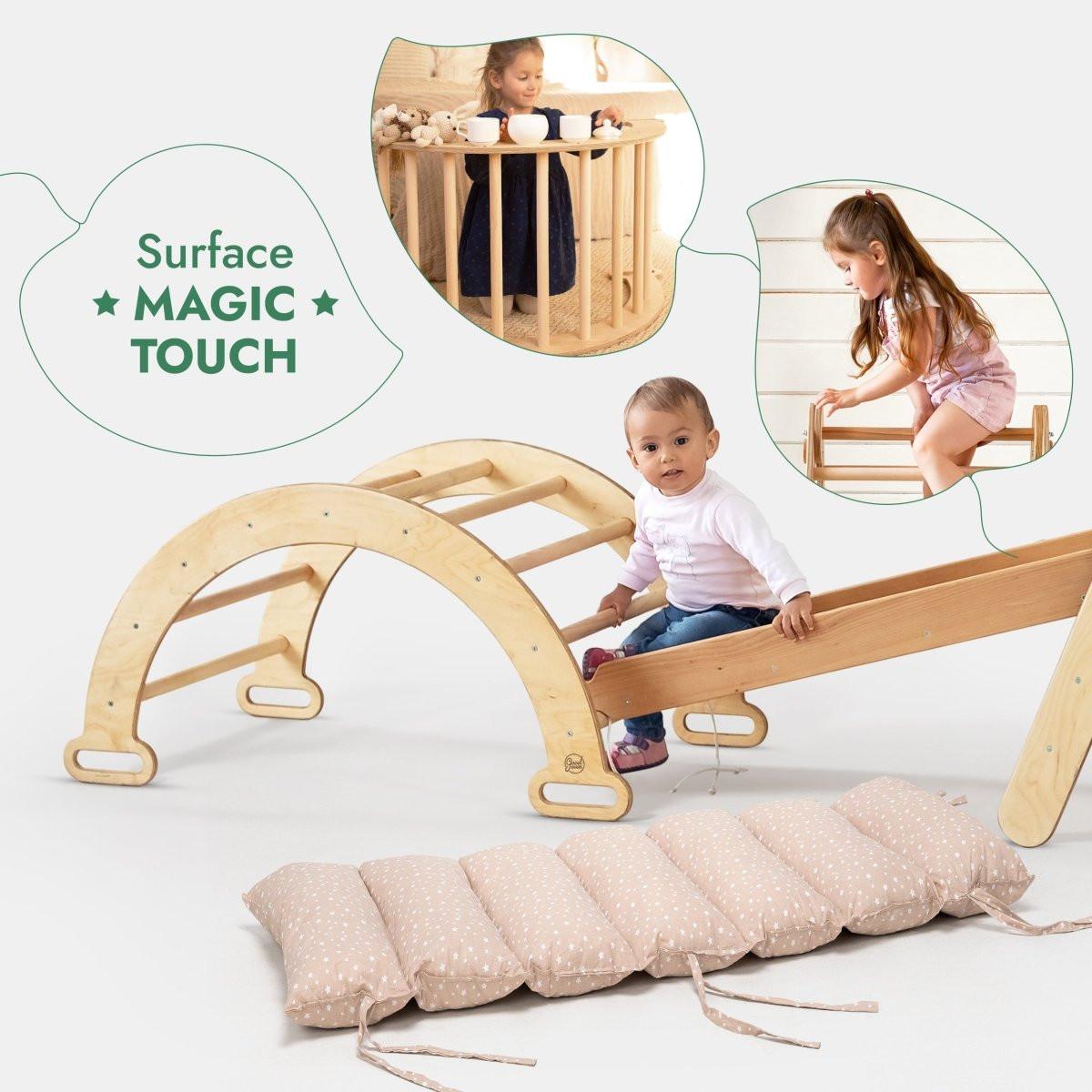 5in1 Montessori Climbing Frame Set: Triangle Ladder + Arch/Rocker + Slide Board/Ramp + Netting rope + Cushion.