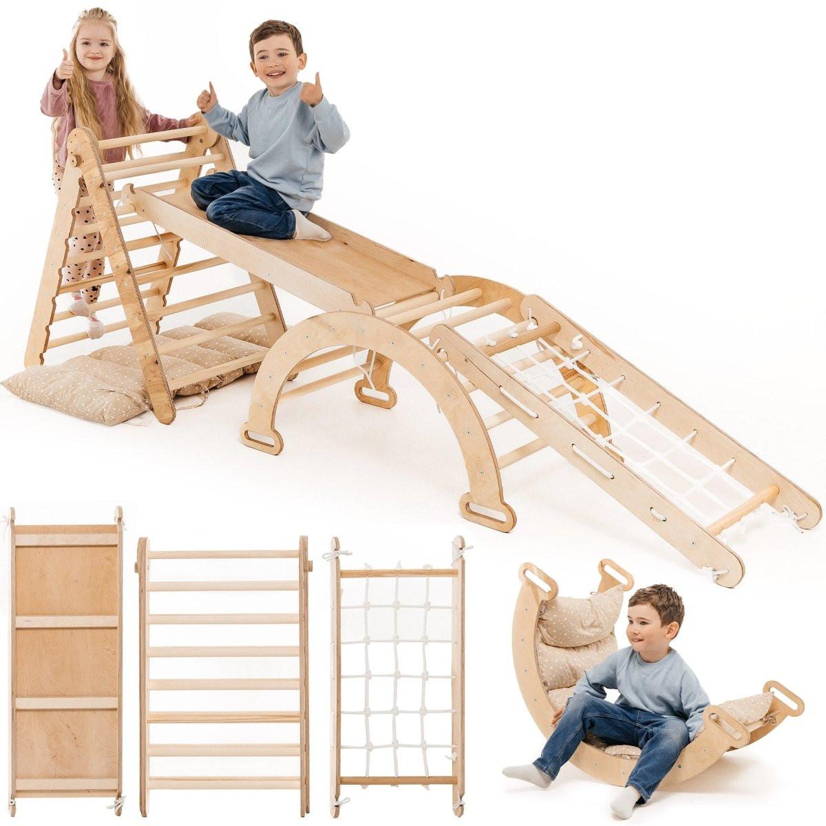 5in1 Montessori Climbing Frame Set: Triangle Ladder + Arch/Rocker + Slide Board/Ramp + Netting rope + Cushion.