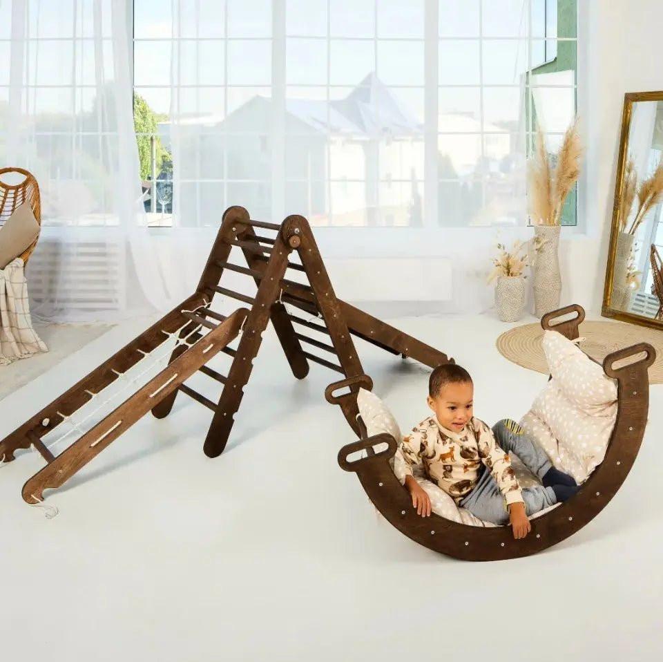 5in1 Montessori Climbing Frame Set: Triangle Ladder + Arch/Rocker + Slide Board/Ramp + Netting rope + Cushion.