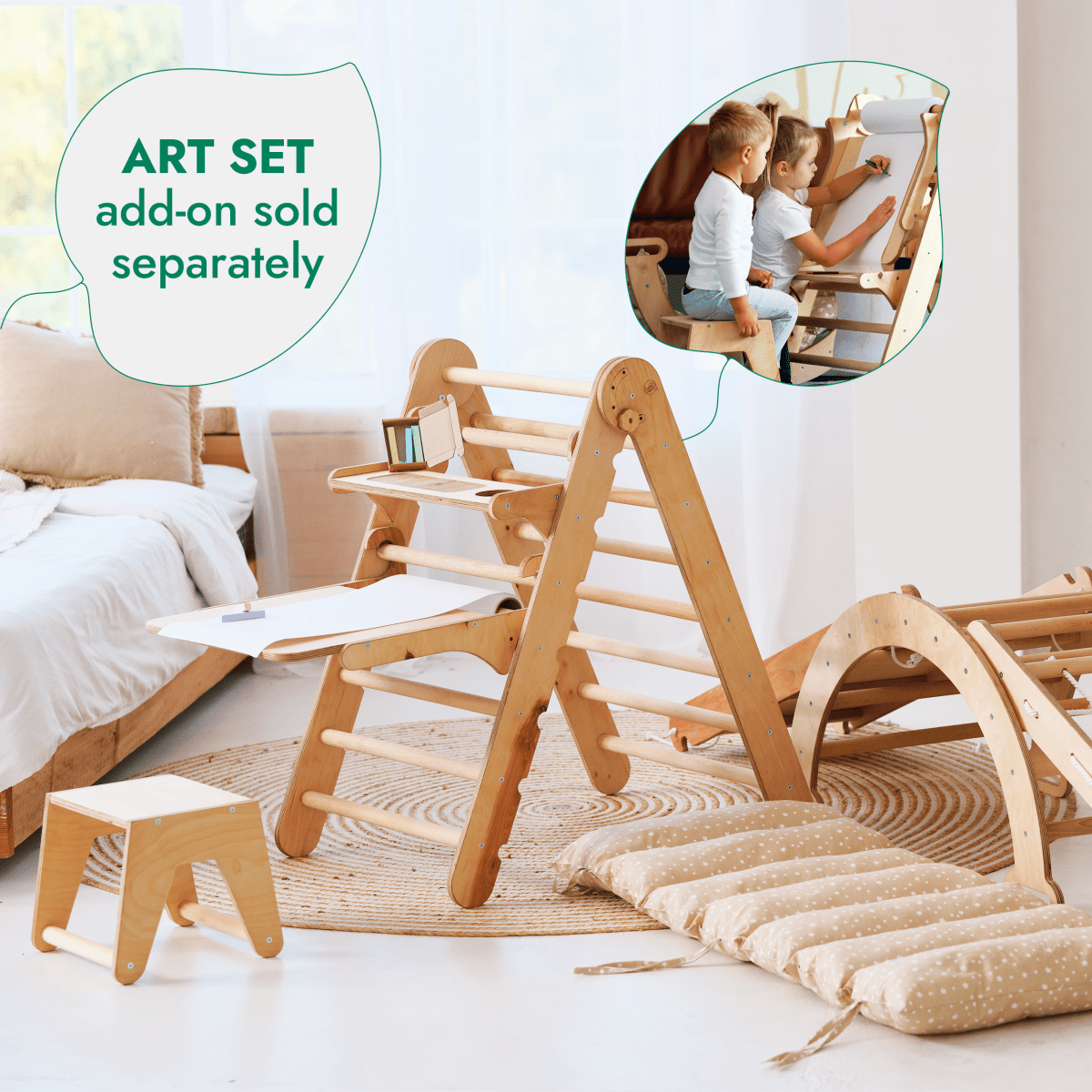 5in1 Montessori Climbing Frame Set: Triangle Ladder + Arch/Rocker + Slide Board/Ramp + Netting rope + Cushion.