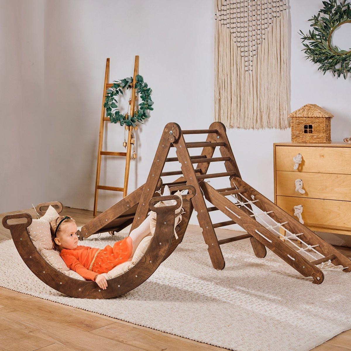 5in1 Montessori Climbing Set: Triangle Ladder + Arch/Rocker + Slide Board/Ramp + Net + Cushion – Chocolate.