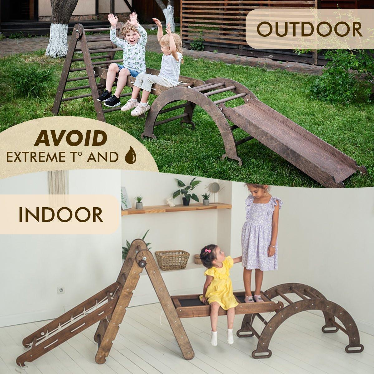 5in1 Montessori Climbing Set: Triangle Ladder + Arch/Rocker + Slide Board/Ramp + Net + Cushion – Chocolate.