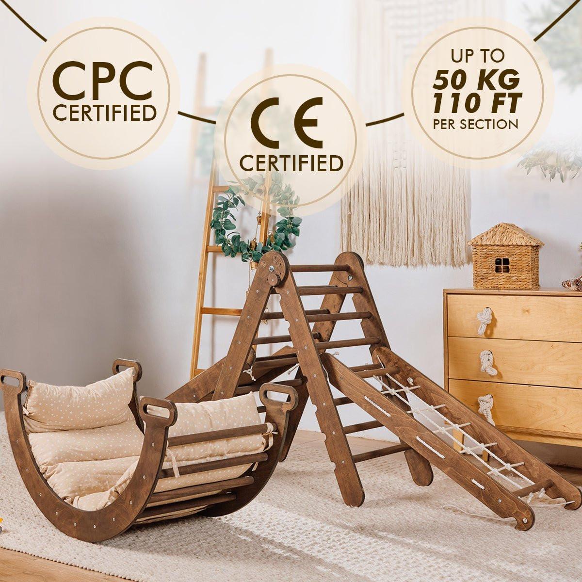 5in1 Montessori Climbing Set: Triangle Ladder + Arch/Rocker + Slide Board/Ramp + Net + Cushion – Chocolate.