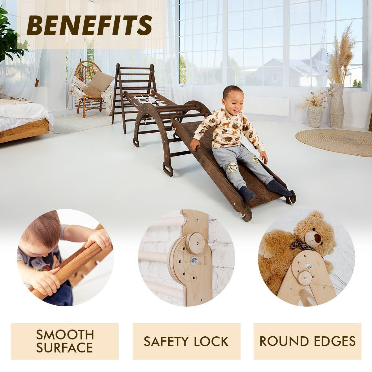 5in1 Montessori Climbing Set: Triangle Ladder + Arch/Rocker + Slide Board/Ramp + Net + Cushion – Chocolate.