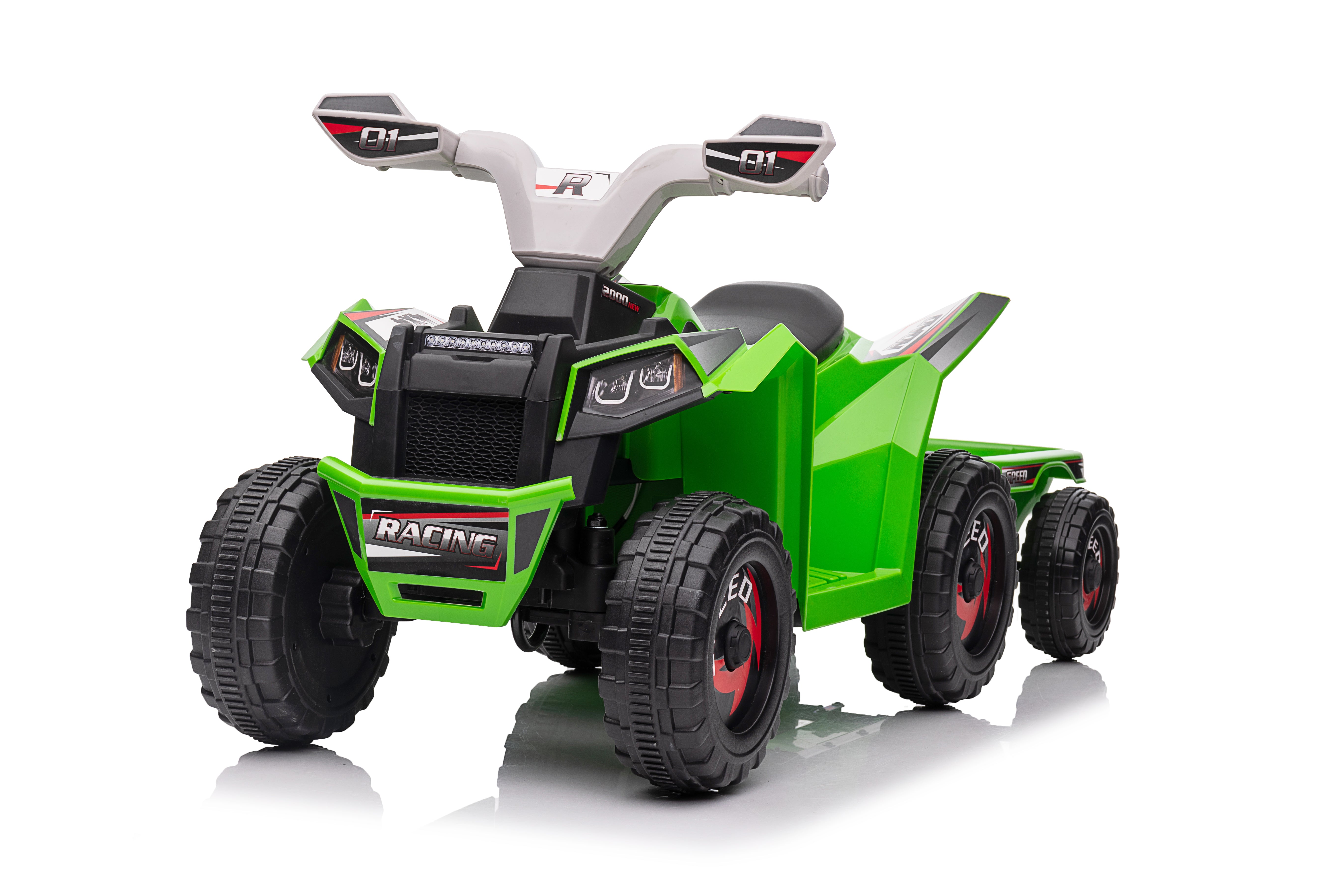 Green 6V Kids 6-Wheel ATV W/ Trailer, Music, BT and Microphone