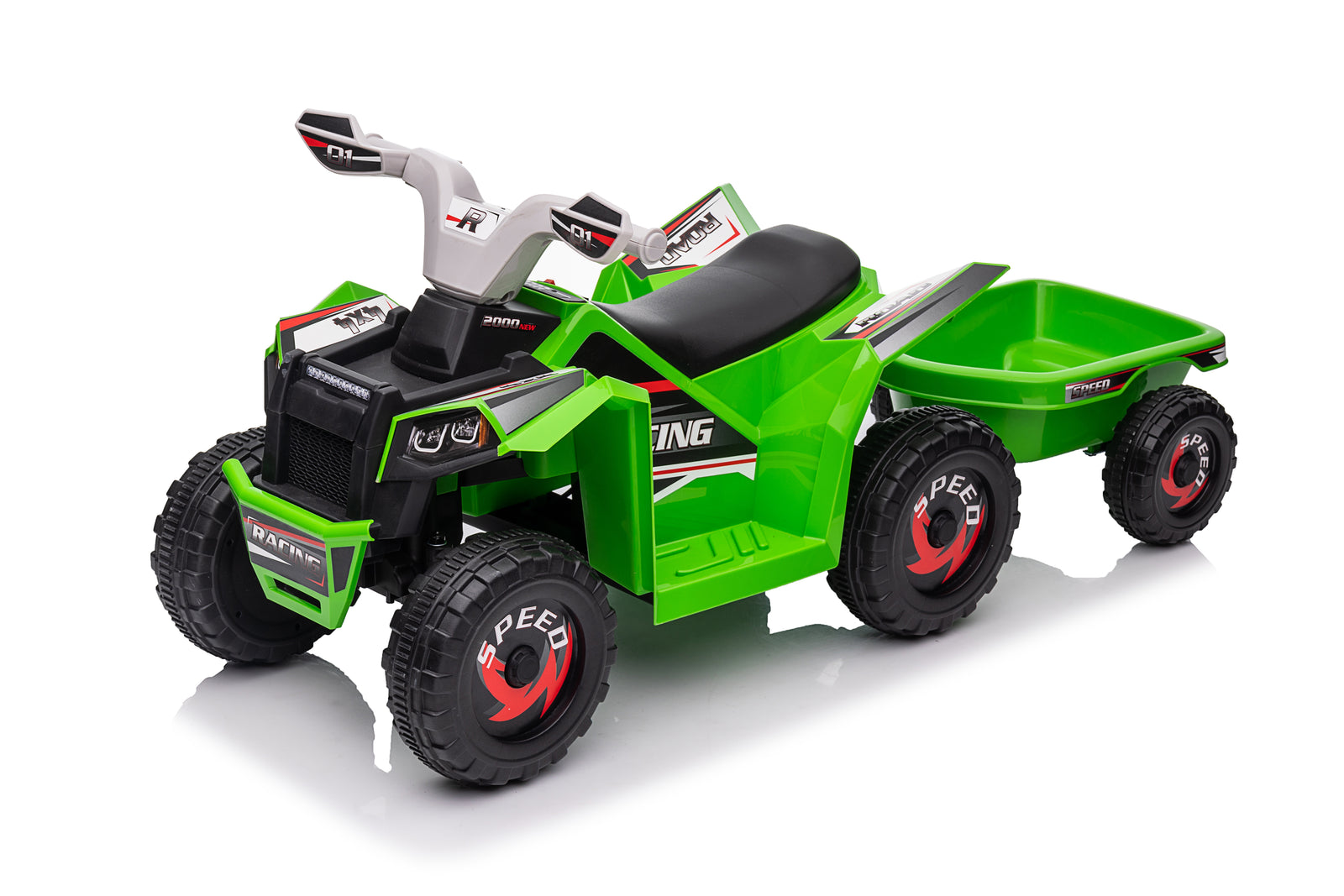 Green 6V Kids 6-Wheel ATV W/ Trailer, Music, BT and Microphone