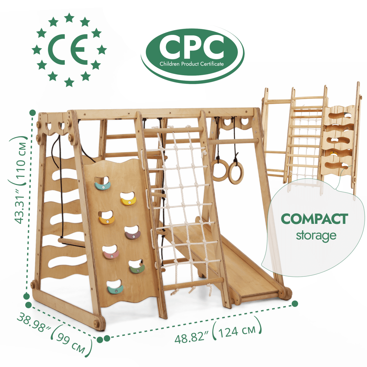6in1 Indoor Jungle Gym for Toddler: Playground + Swings Set + Slide Board + Rope + Stairs.