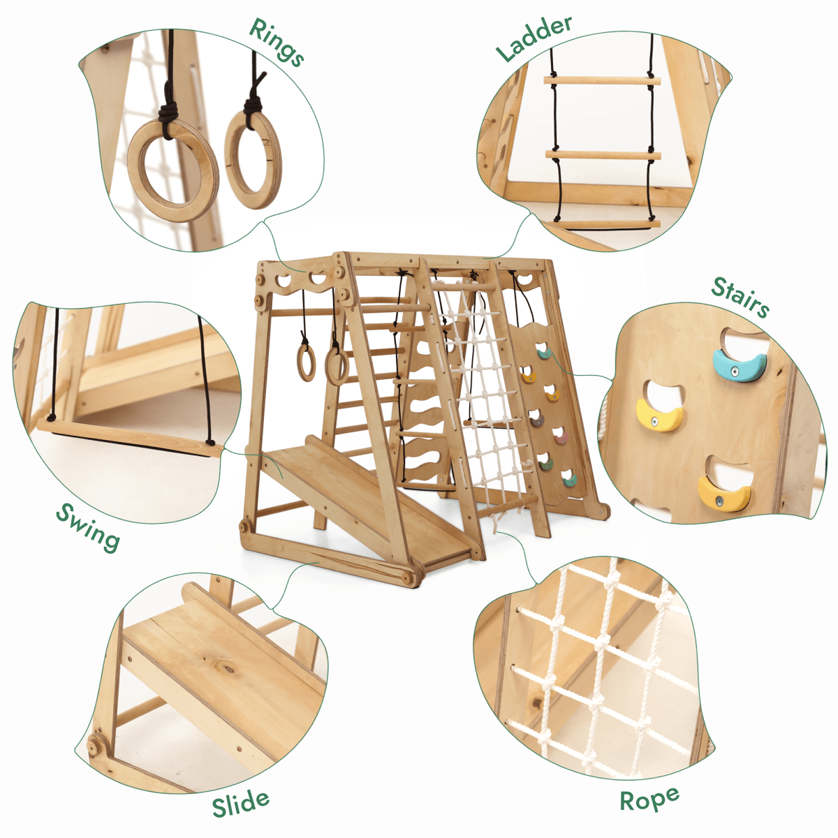 6in1 Indoor Jungle Gym for Toddler: Playground + Swings Set + Slide Board + Rope + Stairs.