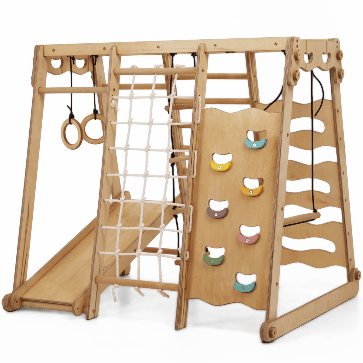 6in1 Indoor Jungle Gym for Toddler: Playground + Swings Set + Slide Board + Rope + Stairs.