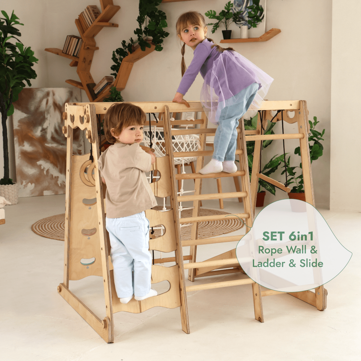 6in1 Indoor Jungle Gym for Toddler: Playground + Swings Set + Slide Board + Rope + Stairs.