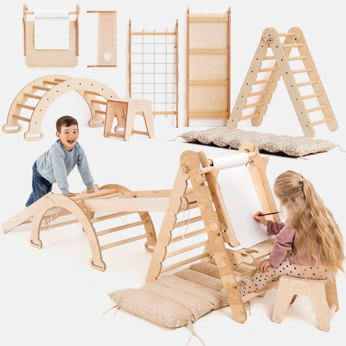 6in1 Montessori Climbing Frame Set: Triangle Ladder + Arch/Rocker + Slide/Ramp + Net + Cushion + Art Addition.