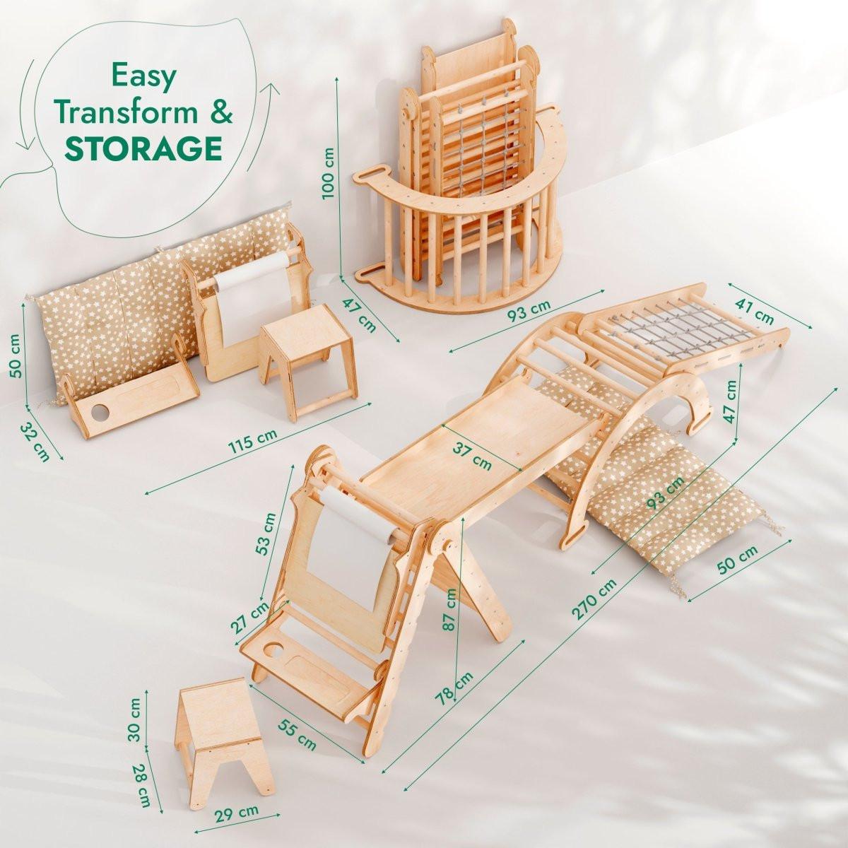 6in1 Montessori Climbing Frame Set: Triangle Ladder + Arch/Rocker + Slide/Ramp + Net + Cushion + Art Addition.