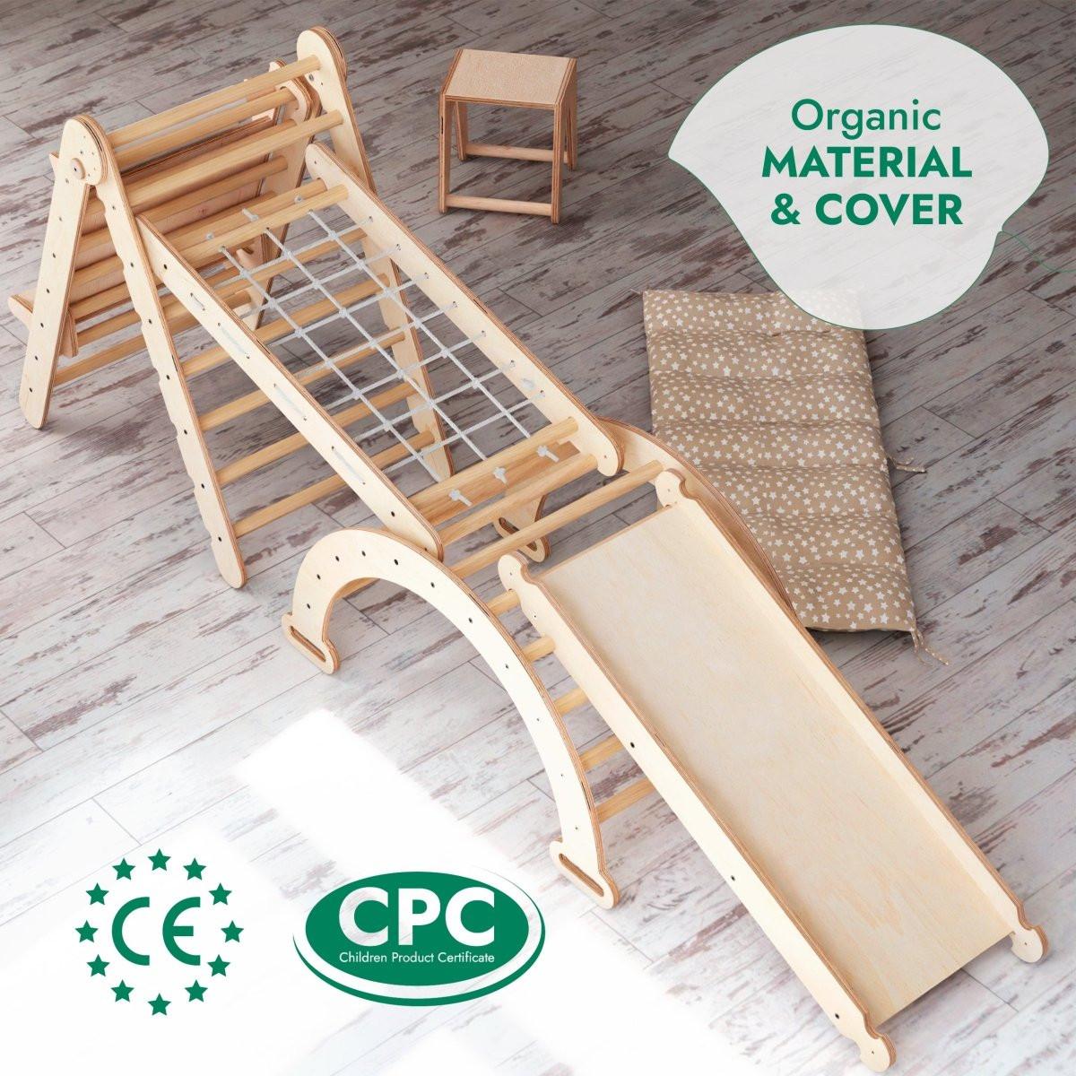 6in1 Montessori Climbing Frame Set: Triangle Ladder + Arch/Rocker + Slide/Ramp + Net + Cushion + Art Addition.