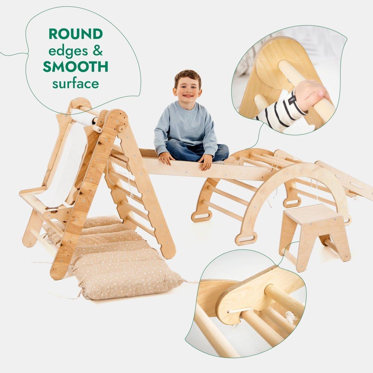 6in1 Montessori Climbing Frame Set: Triangle Ladder + Arch/Rocker + Slide/Ramp + Net + Cushion + Art Addition.