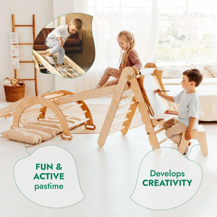 6in1 Montessori Climbing Frame Set: Triangle Ladder + Arch/Rocker + Slide/Ramp + Net + Cushion + Art Addition.
