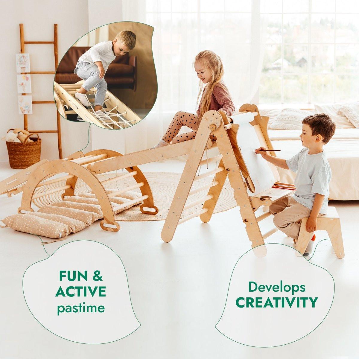 6in1 Montessori Climbing Frame Set: Triangle Ladder + Arch/Rocker + Slide/Ramp + Net + Cushion + Art Addition.