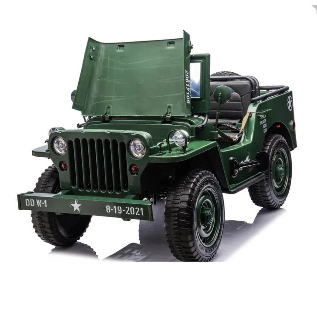 Green 12V Limited Edition Kids 1-Seater Military Ride-on Truck with Rubber Wheels, Music, RC image 2