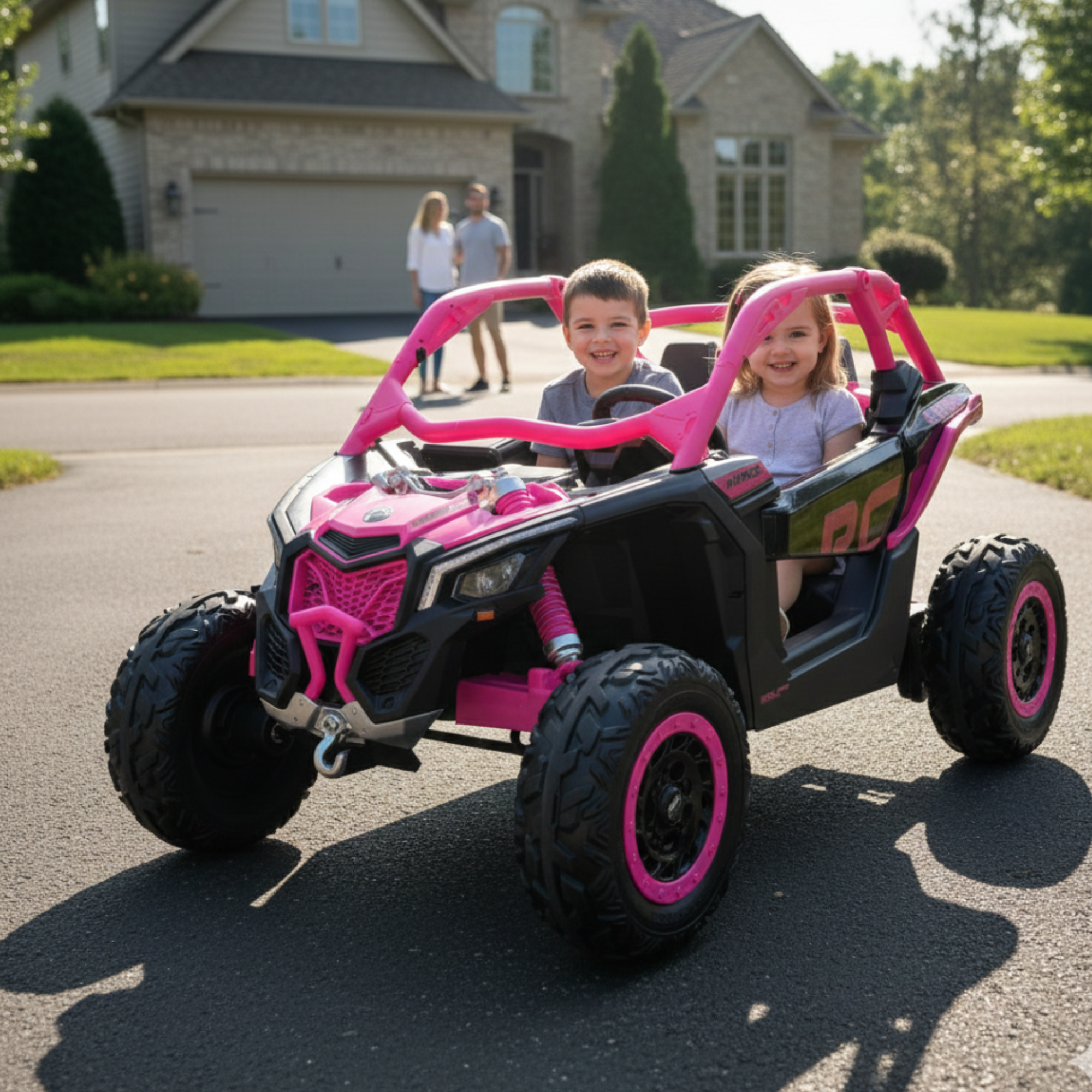 Pink Licensed LX Performance Edition 2x24V Can-Am Maverick 4WD Double 24V Battery Pack, 2-Seater Kids' Buggy W/ Music, EVA Rubber Wheels, Leather Seats & RC