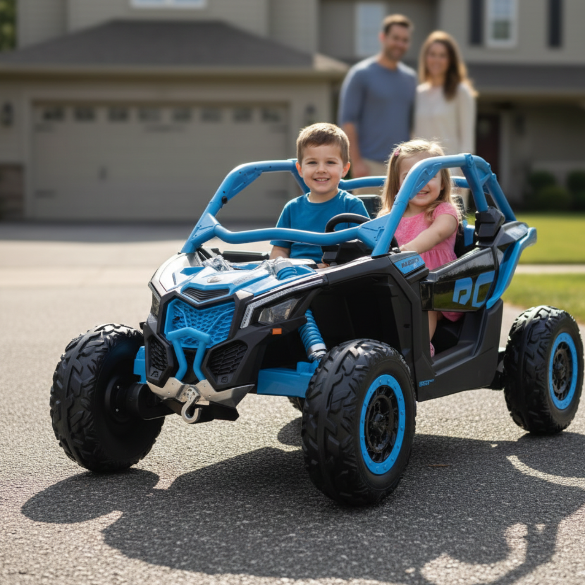 Blue Licensed LX Performance Edition 2x24V Can-Am Maverick 4WD Double 24V Battery Pack, 2-Seater Kids' Buggy W/ Music, EVA Rubber Wheels, Leather Seats & RC