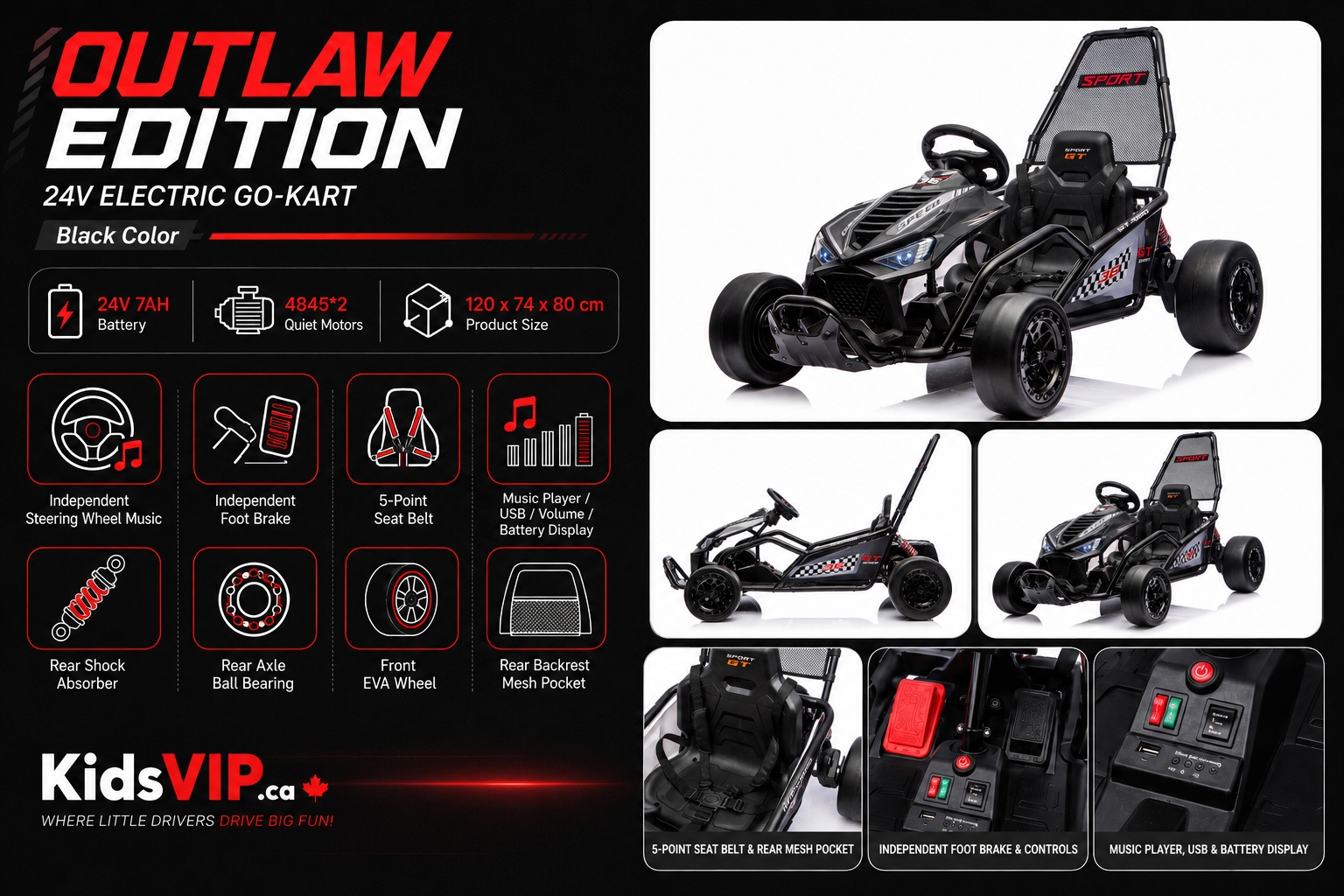 Black Outlaw Edition 24V Kids Electric Go-Kart with Quiet Dual Motors, Music Player, EVA Front Wheels