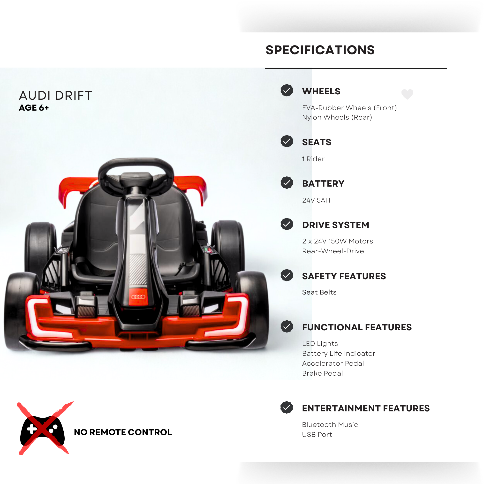 24V Red Newest Upgraded Audi Drifting Go Kart W/ 180° Drift, Bluetooth Music & Lights